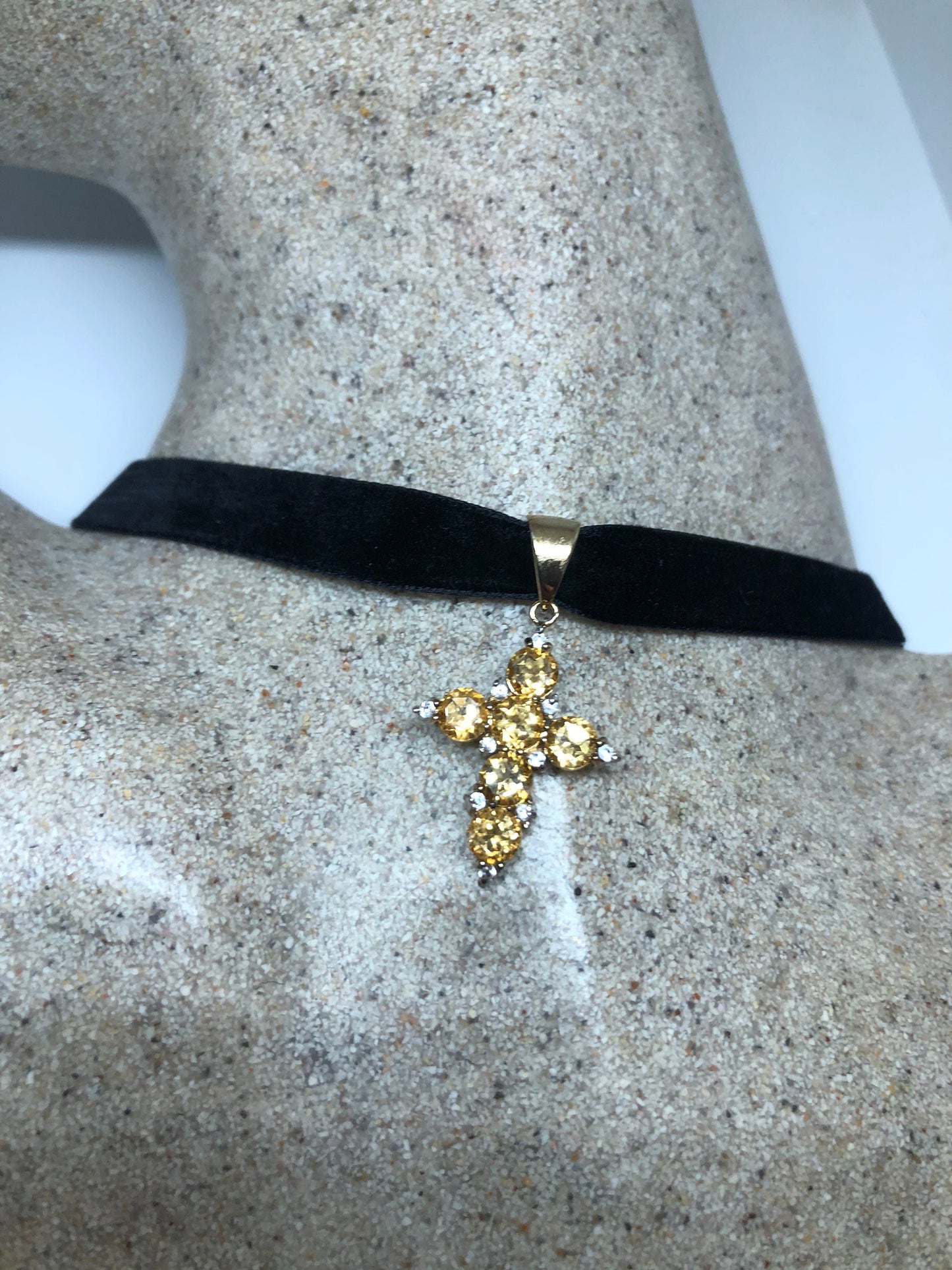 Vintage Gold Citrine Cross 925 Sterling Silver Pendant Choker Necklace