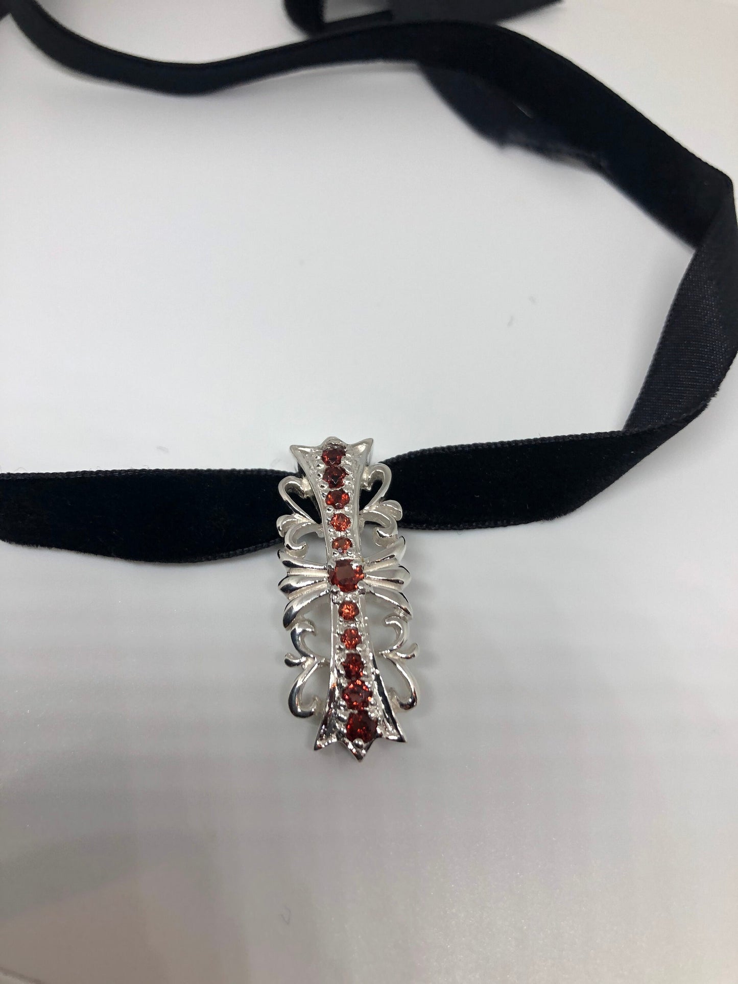 Vintage Red Garnet Cross Choker Necklace 925 Sterling Silver Pendant