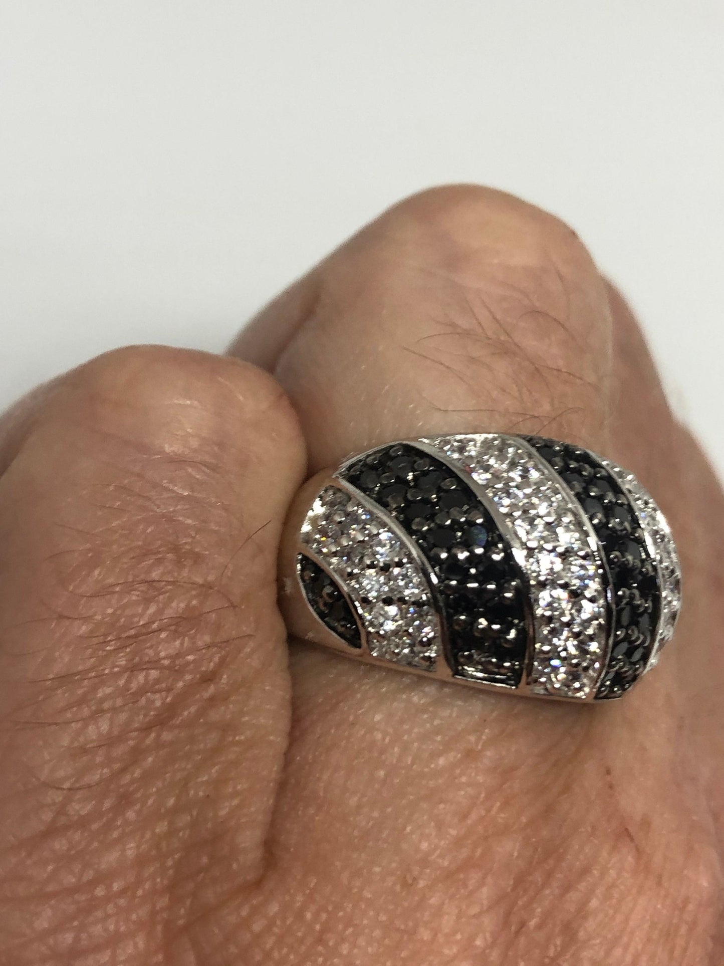 Vintage Clear White and Black Sapphire 925 Sterling Silver Cocktail Ring Size 6.5