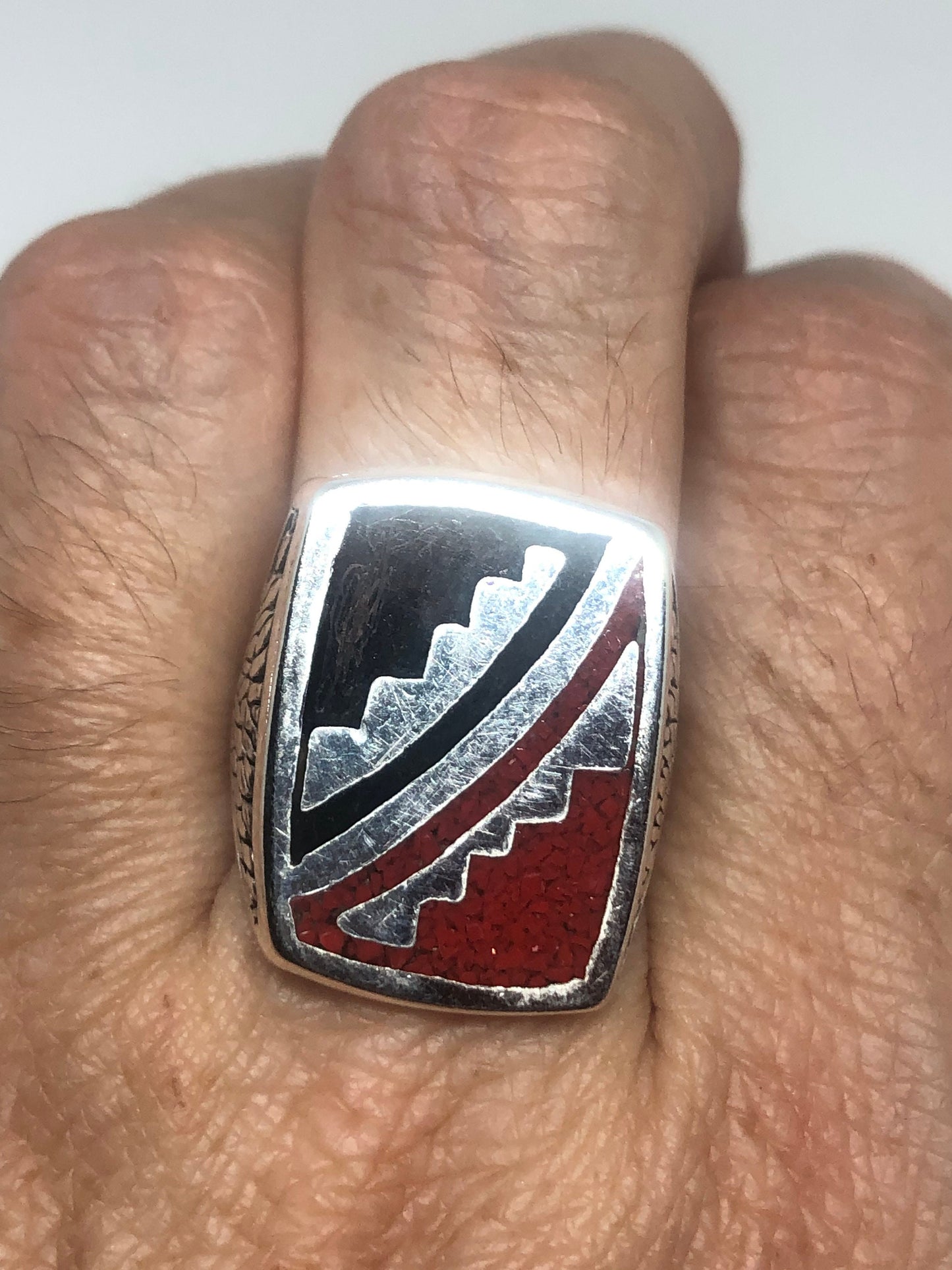 Vintage Native American Style Southwestern Red Stone Inlay Mens Ring