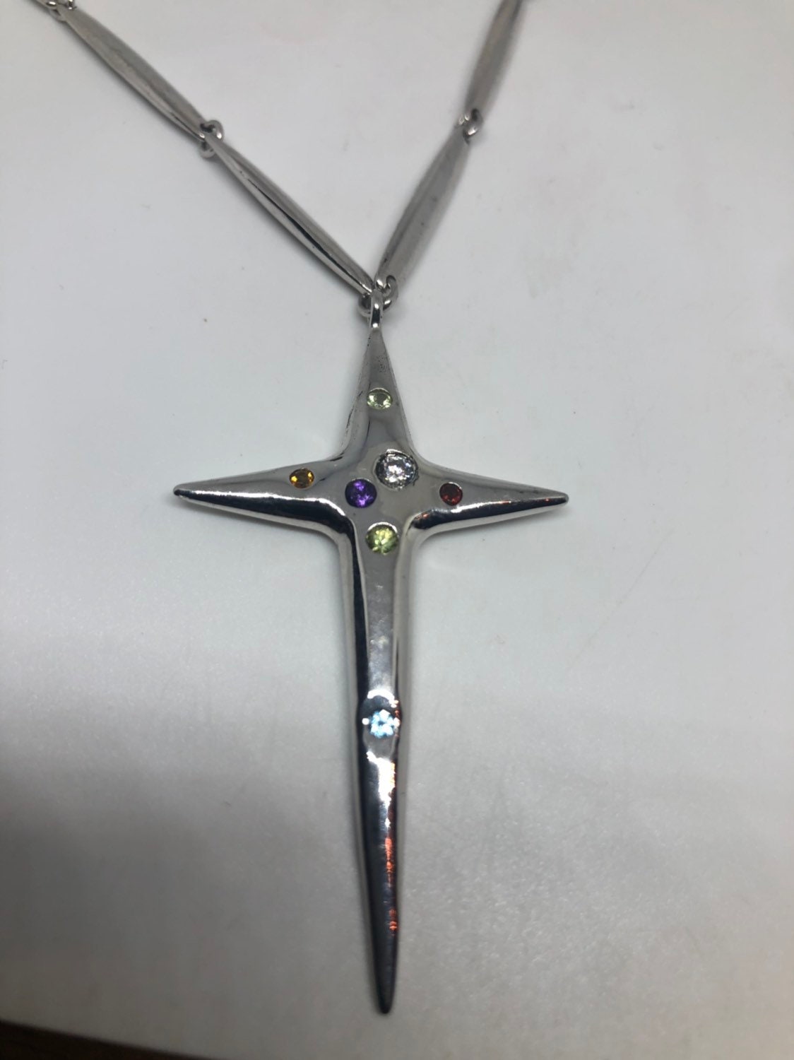 Vintage Handmade 925 Sterling Silver Mixed Gemstone Cross Antique Pendant Necklace