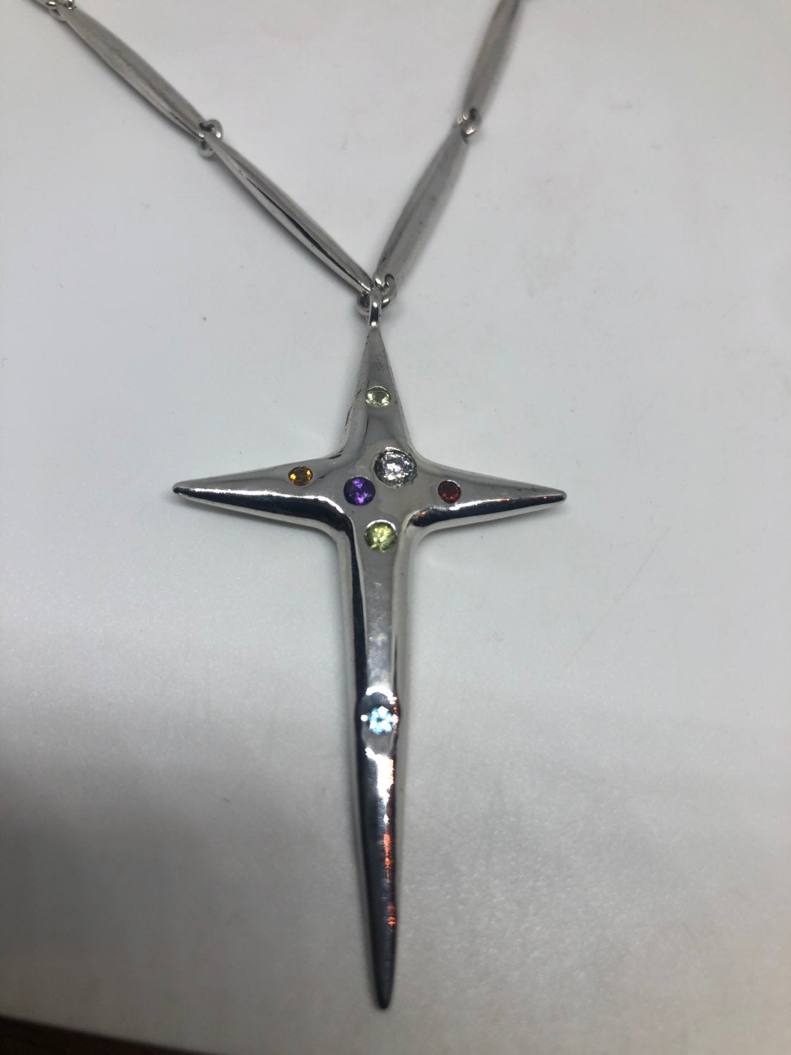 Vintage Handmade 925 Sterling Silver Mixed Gemstone Cross Antique Pendant Necklace