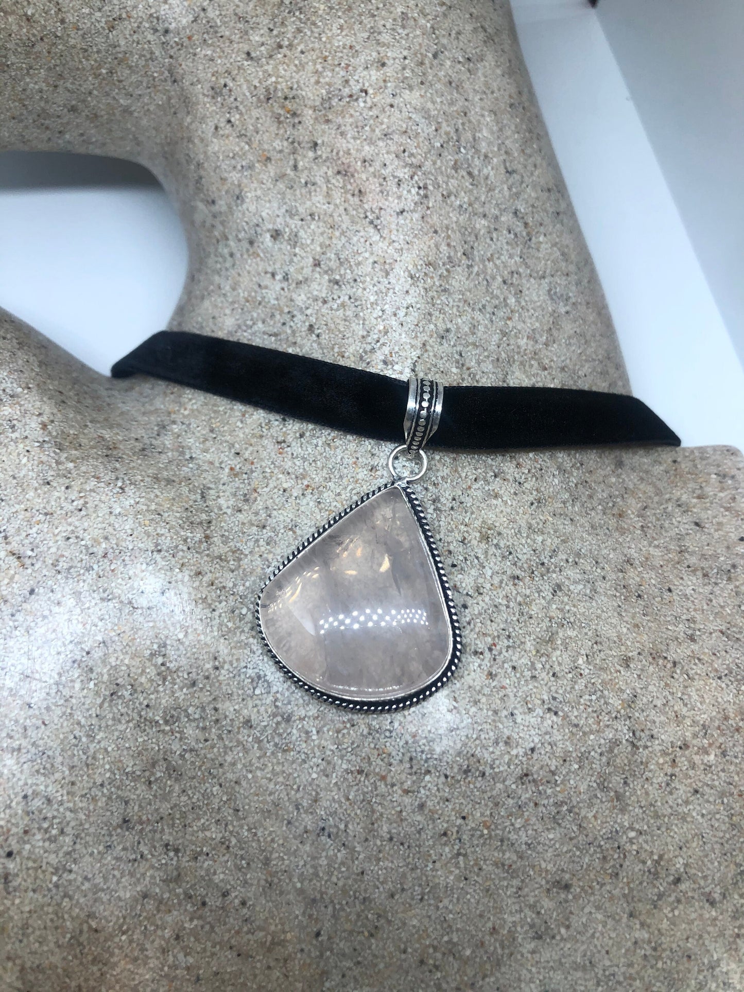 Vintage Handmade Silver Finish Rose Quartz Choker Pendant