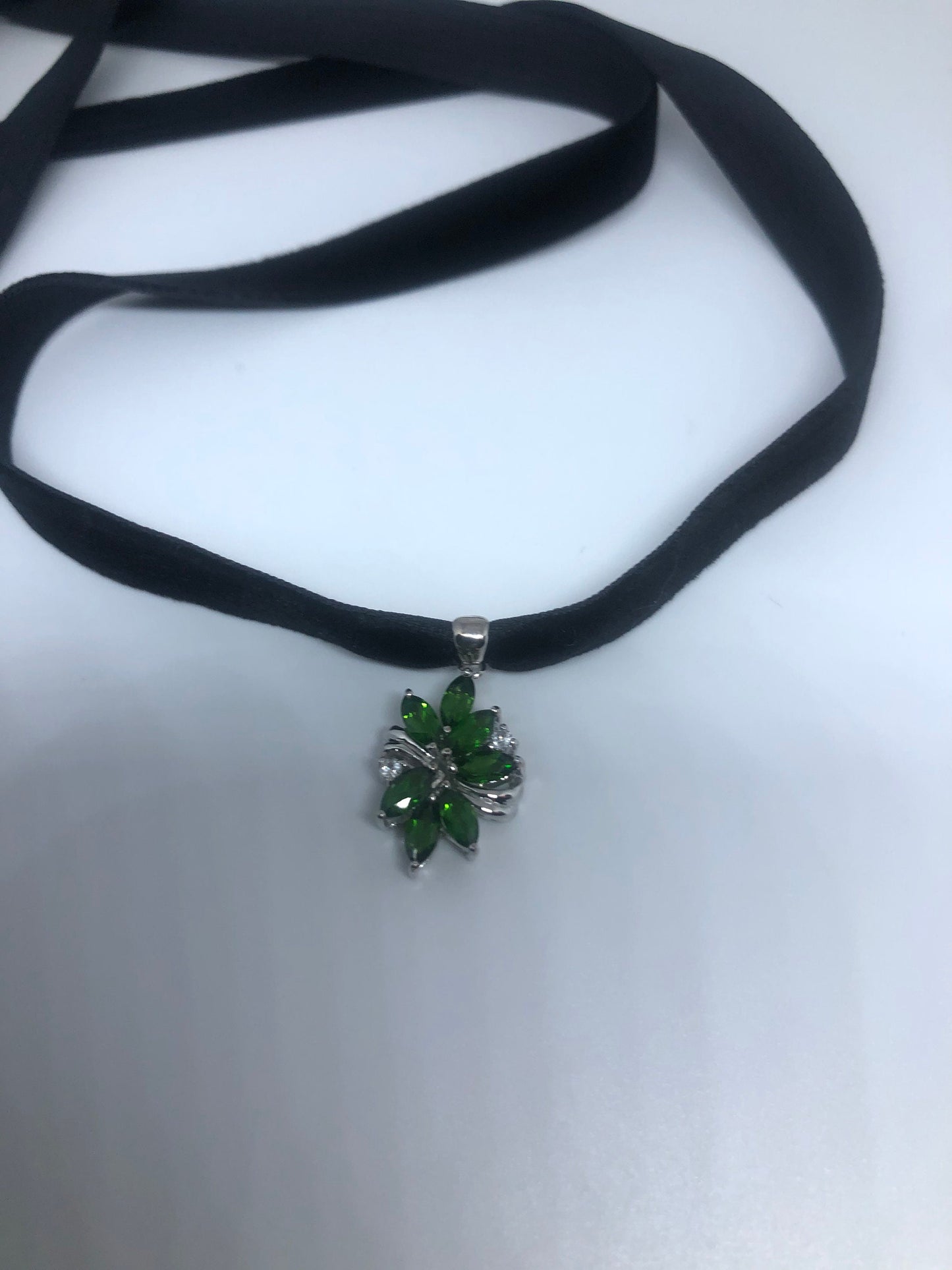 Vintage Green Choker Deco Chrome Diopside 925 Sterling Silver Pendant Necklace