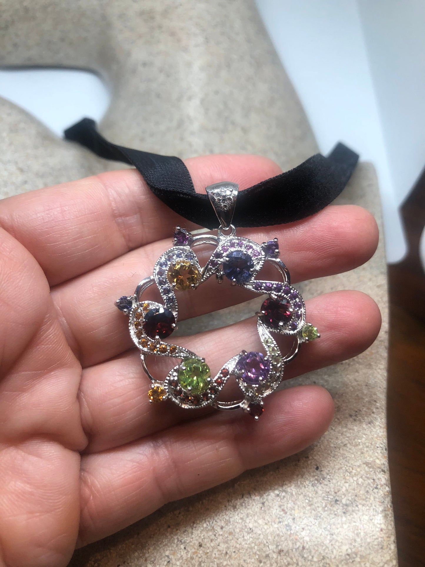Vintage 925 Sterling Silver Genuine Garnet Mixed Gemstone and Citrine Antique Pendant Necklace