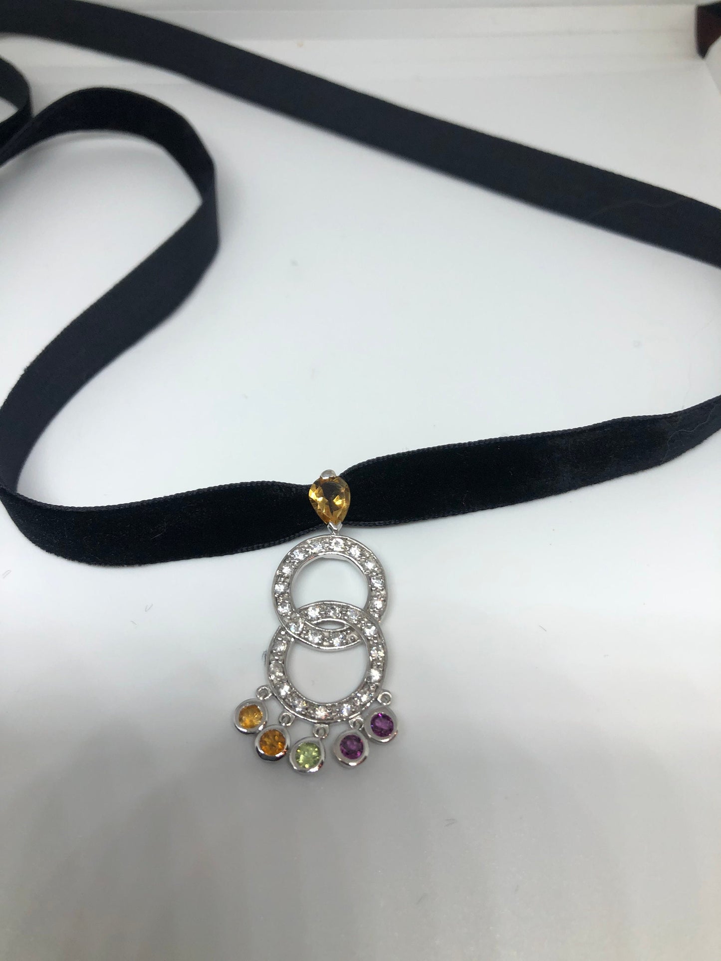 Vintage 925 Sterling Silver Genuine Garnet Mixed Gemstone and Citrine Antique Pendant Necklace