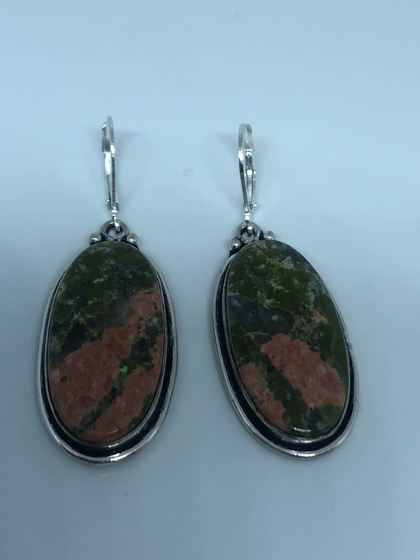 Vintage Unikite Agate 925 Sterling Silver Deco Dangle Earrings