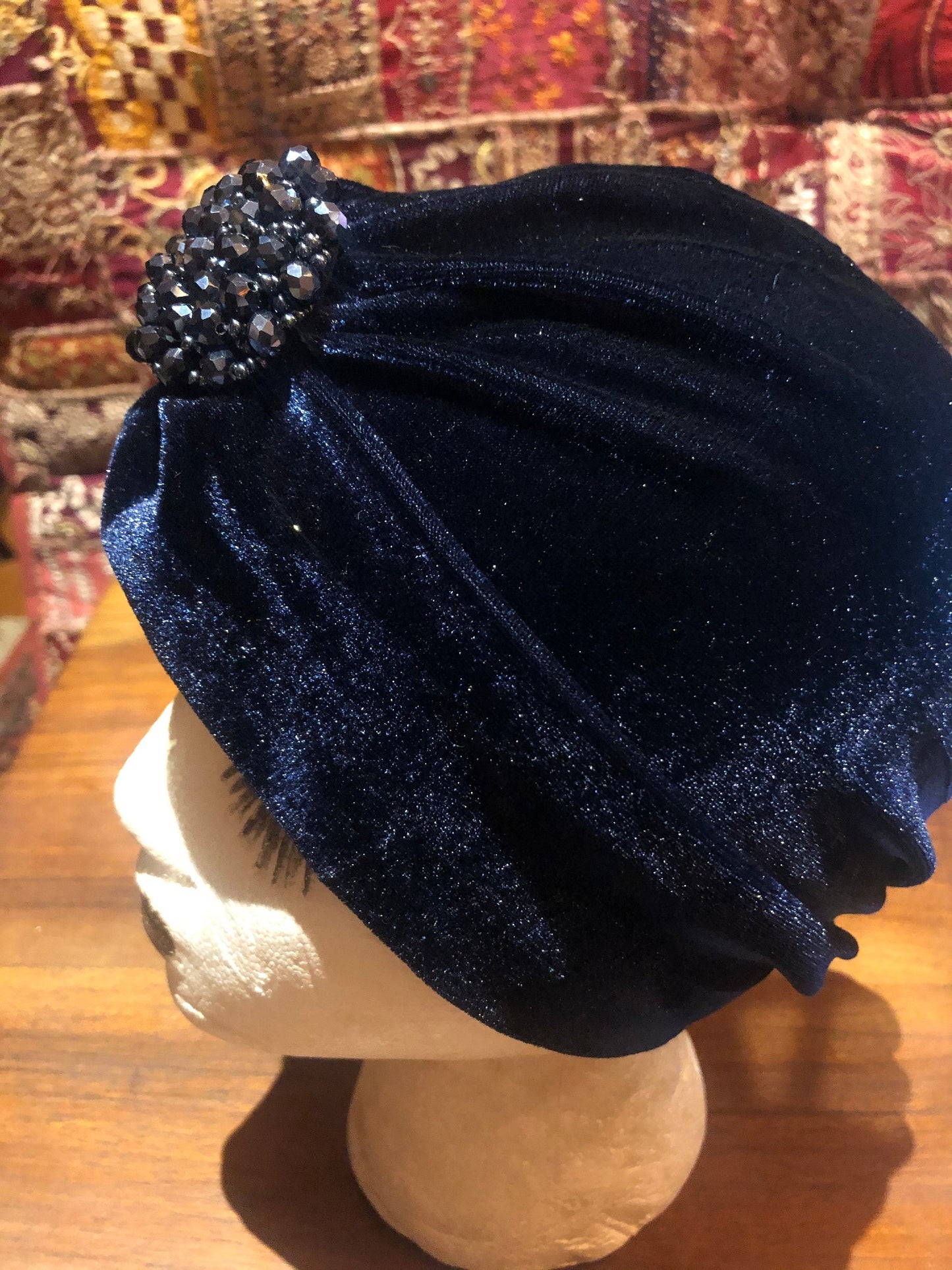 Vintage Blue Stretch Velvet Deco Turban Hat