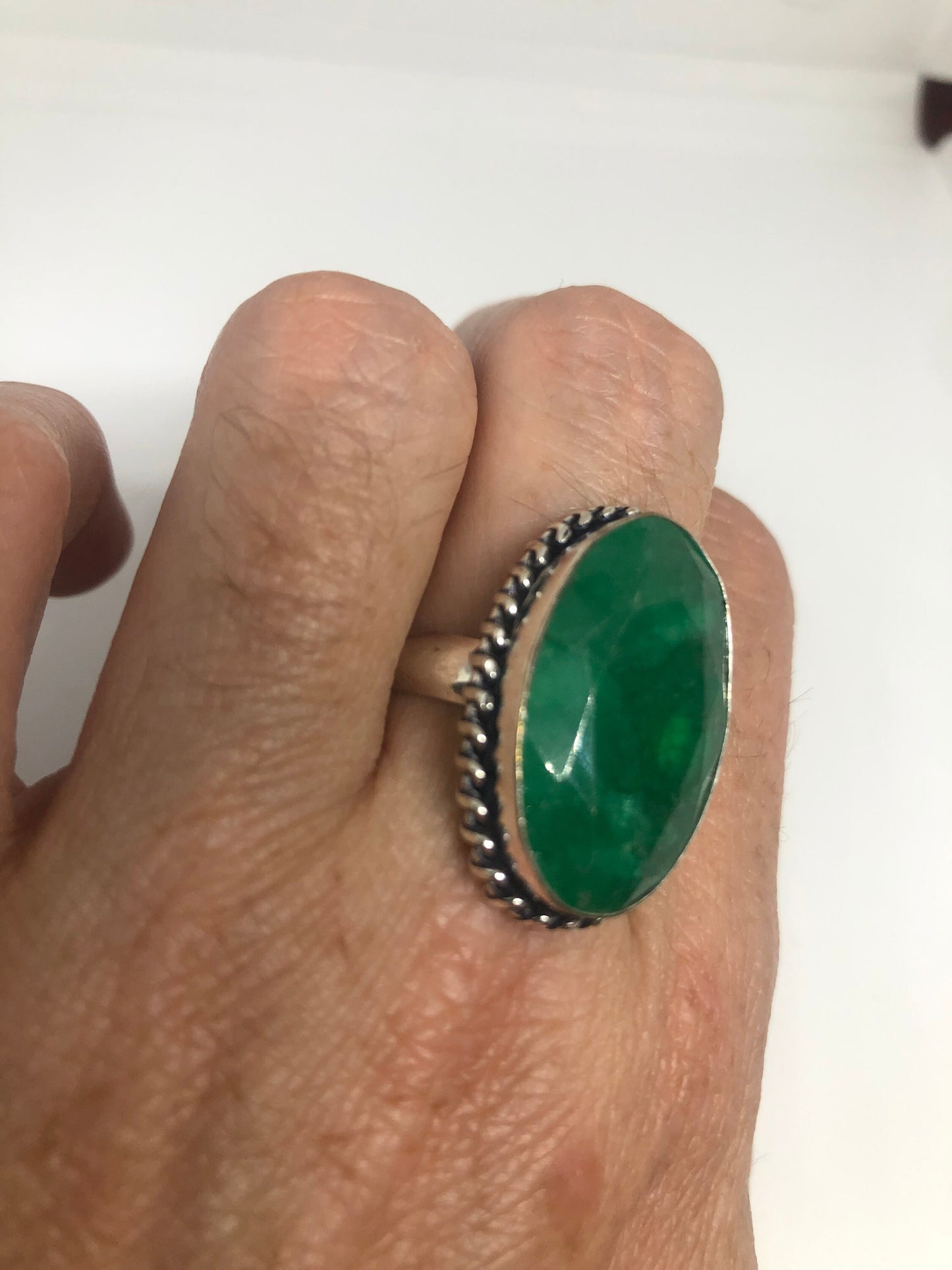 Vintage Green Raw Emerald Silver Bronze Statement Boho Ring