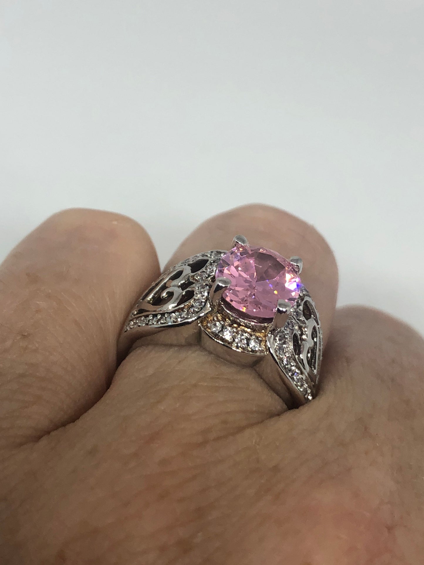 Vintage Pink CZ 925 Sterling Silver Cocktail Ring Size 6.5