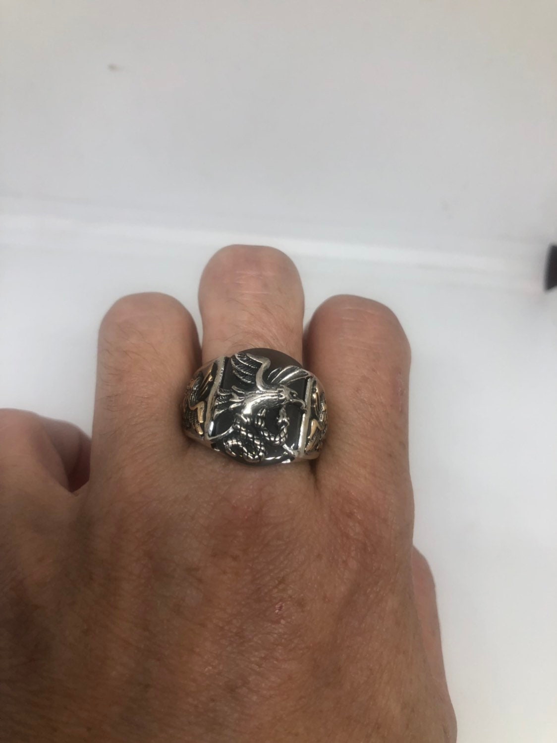 Vintage Brown Onyx Eagle with Snake 925 Sterling Silver Ring
