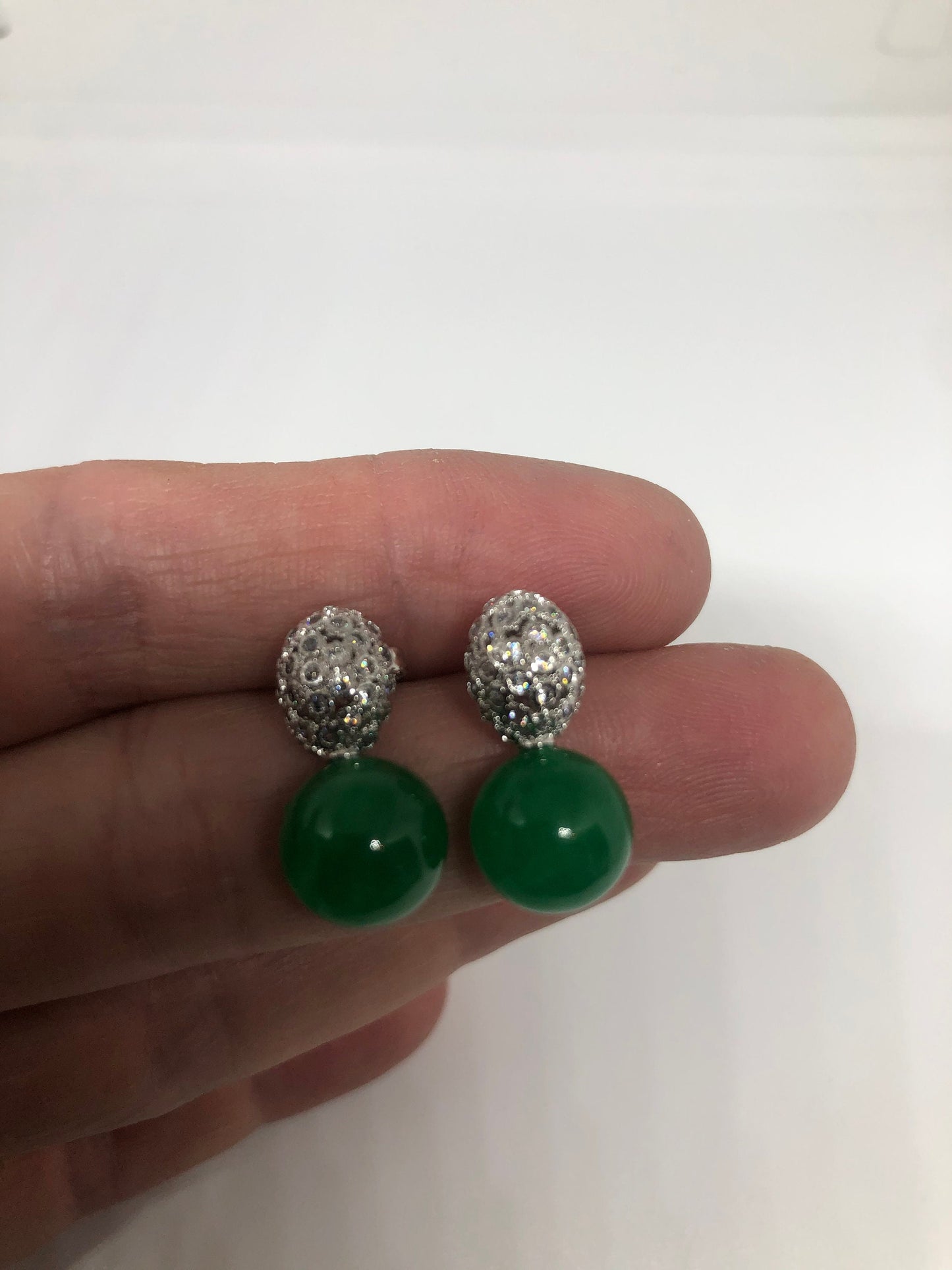 Vintage Fun Green Jade Gemstone Silver Bronze Stud Earrings