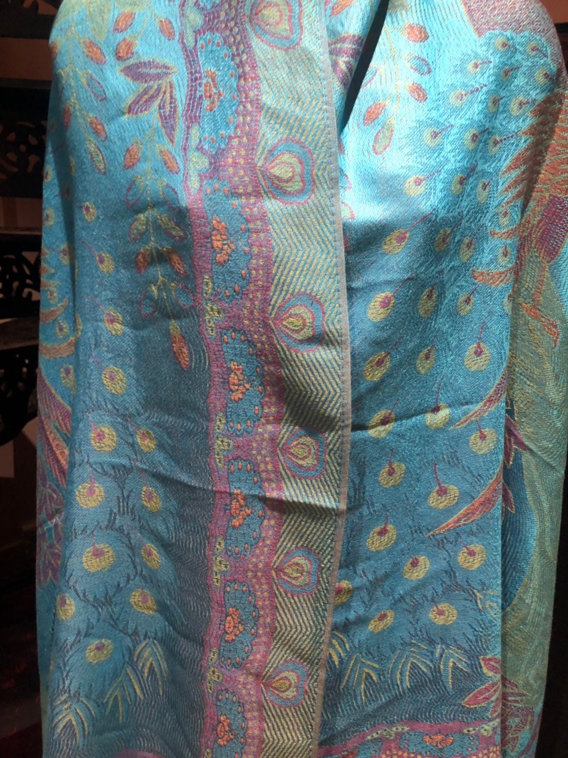 Vintage Peacock feather Brocade Pashmina Scarf Wrap Shawl