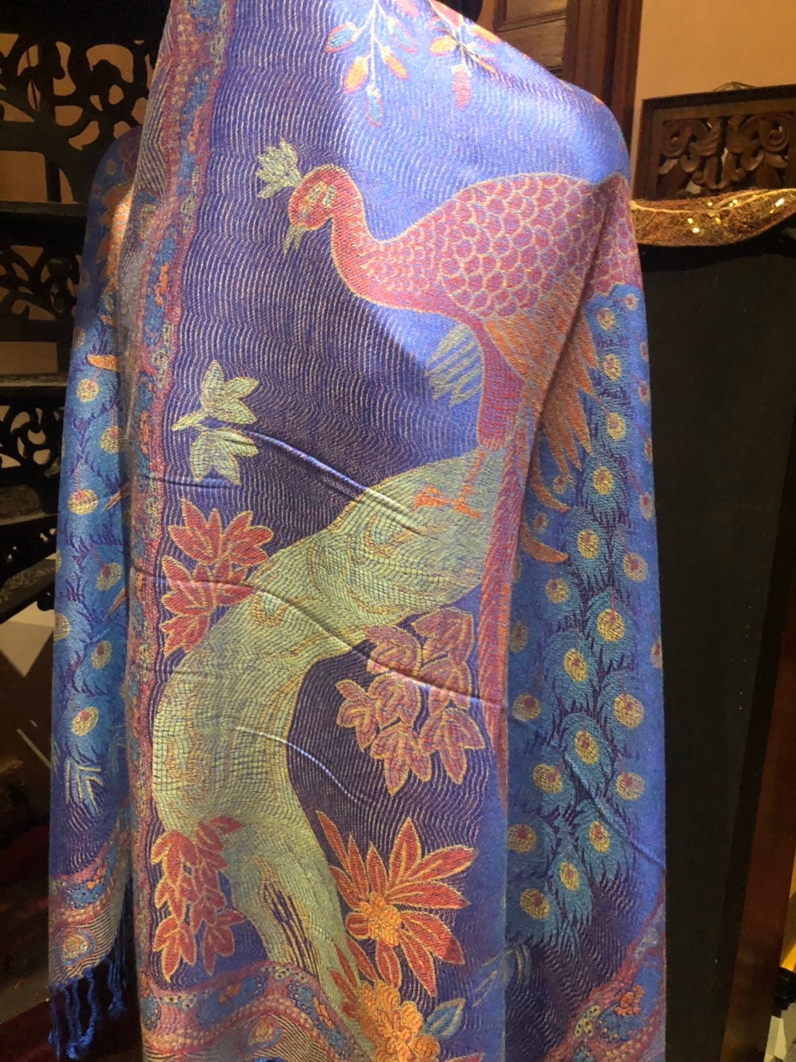 Vintage Peacock feather Brocade Pashmina Scarf Wrap Shawl