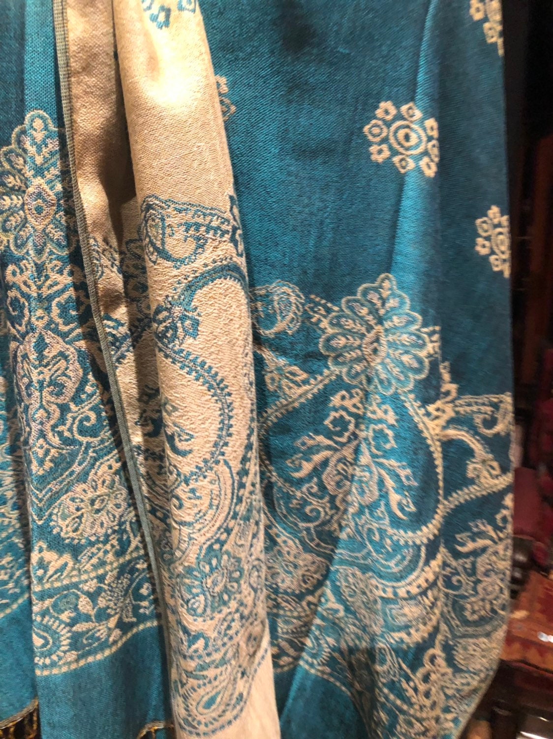 Vintage Turquoise Paisley Brocade Pashmina Scarf Wrap Shawl