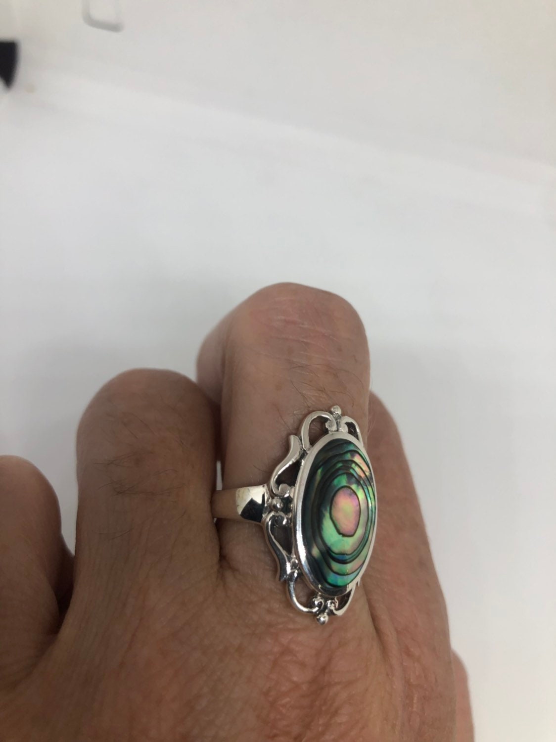 Antique Abalone Filigree Sterling Silver Ring
