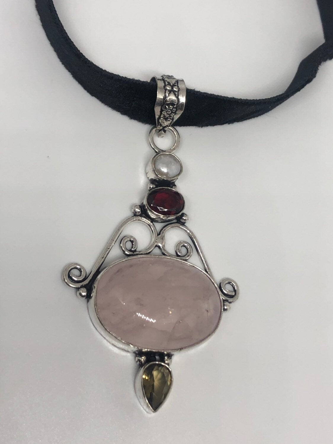 Vintage Handmade Silver Finish Rose Quartz Choker Pendant