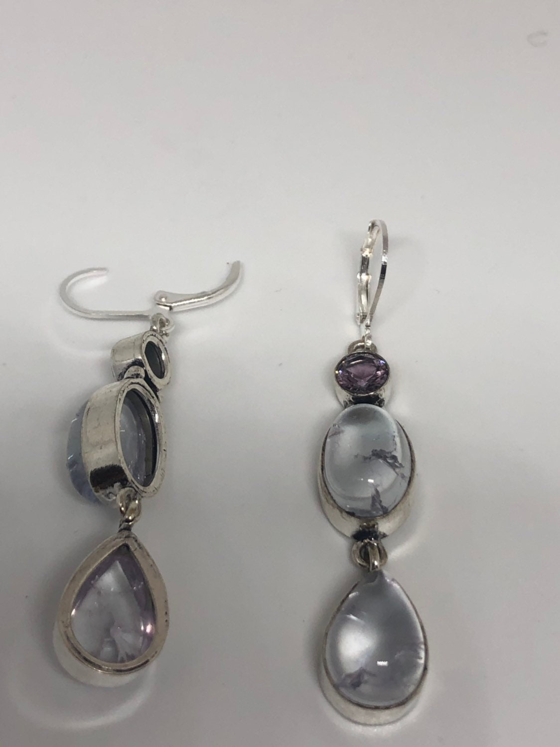 Antique Crystal Quartz Gemstone Bronze Silver Dangle Earrings