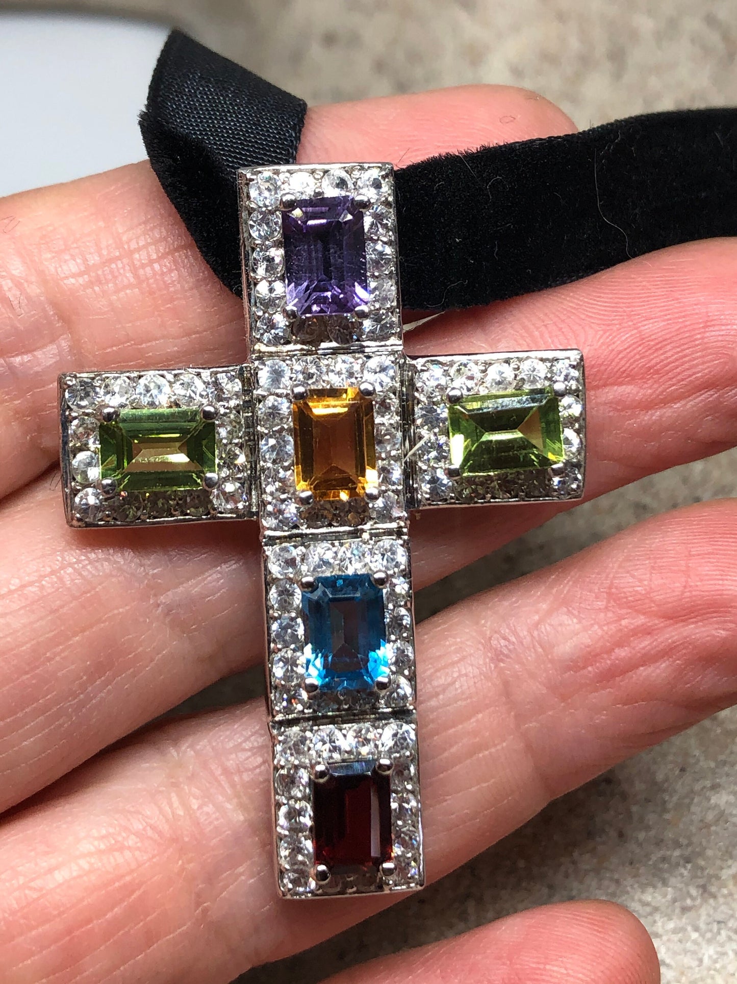 Vintage Handmade 925 Sterling Silver Mixed Gemstone Cross Antique Pendant Necklace