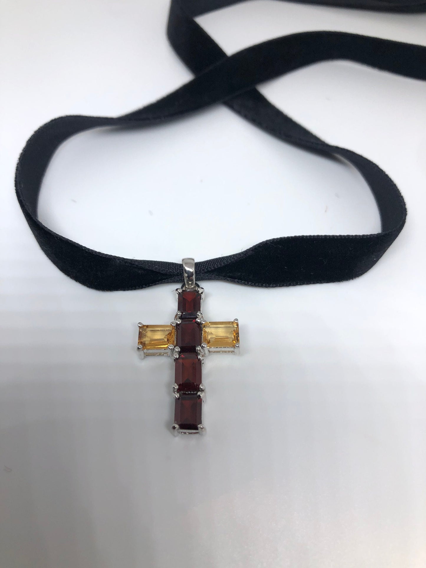 Vintage Gold Citrine Cross 925 Sterling Silver Pendant Choker Necklace