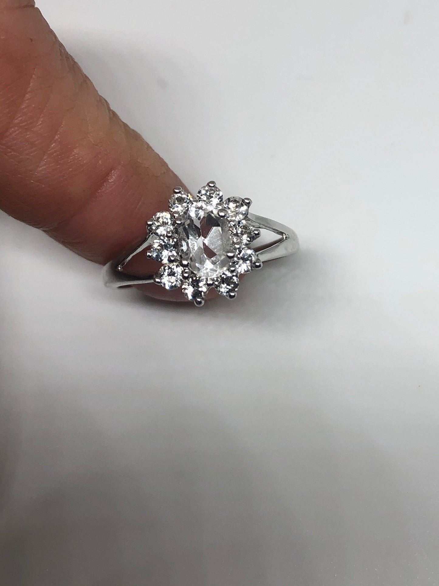 Vintage Clear White Sapphire 925 Sterling Silver Small Cocktail Ring