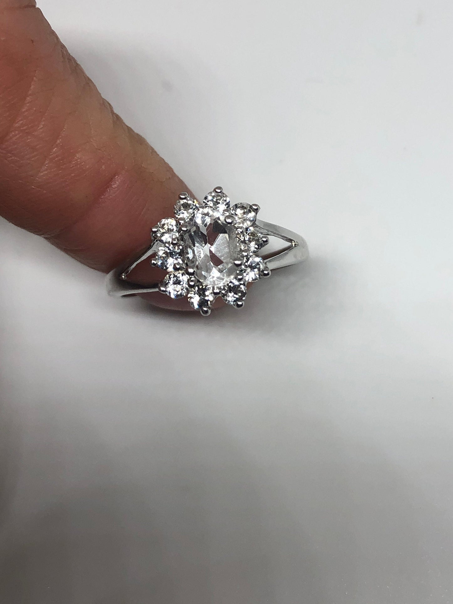 Vintage Clear White Sapphire 925 Sterling Silver Small Cocktail Ring