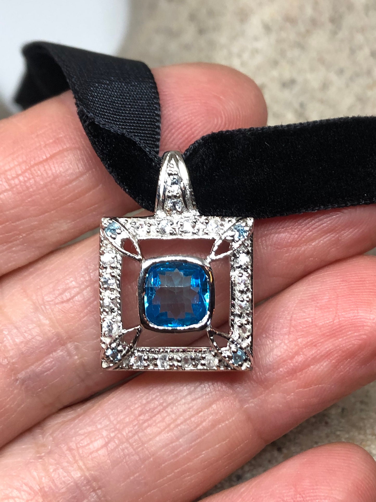 Vintage Genuine Blue Topaz 925 Sterling Silver Deco Choker Necklace Pendant