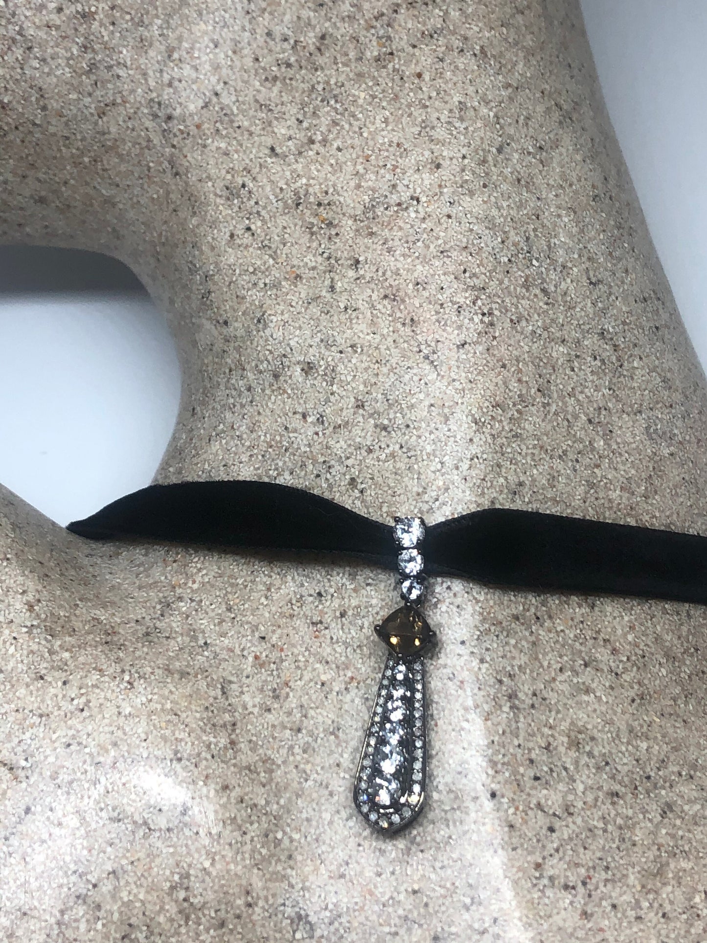 Vintage 925 Sterling Silver Genuine Smoky Topaz Deco Antique Choker Necklace