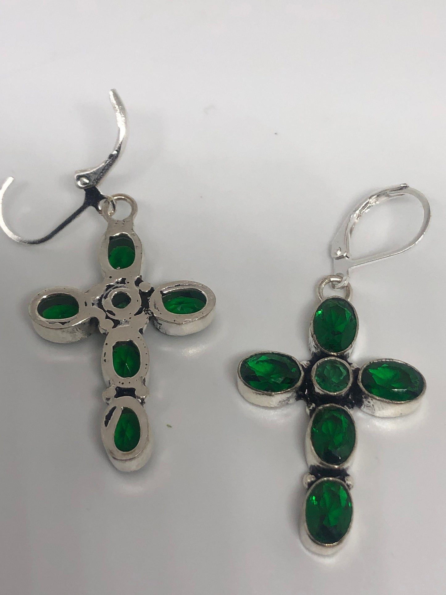 Vintage Green Glass Cross 925 Sterling Silver LeverBack