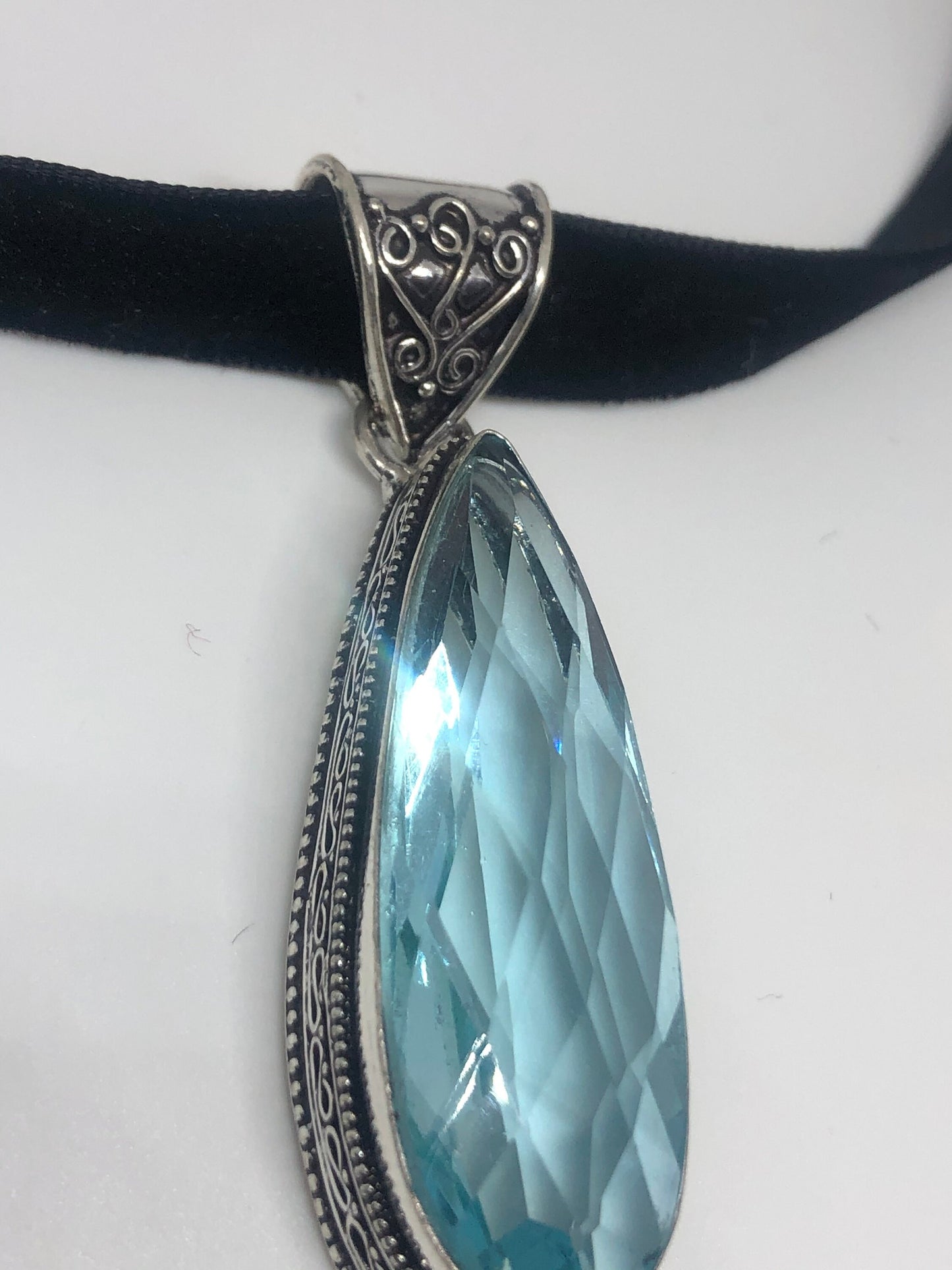 Antique Aqua Blue Volcanic Glass Boho Choker Black Velvet Ribbon Necklace