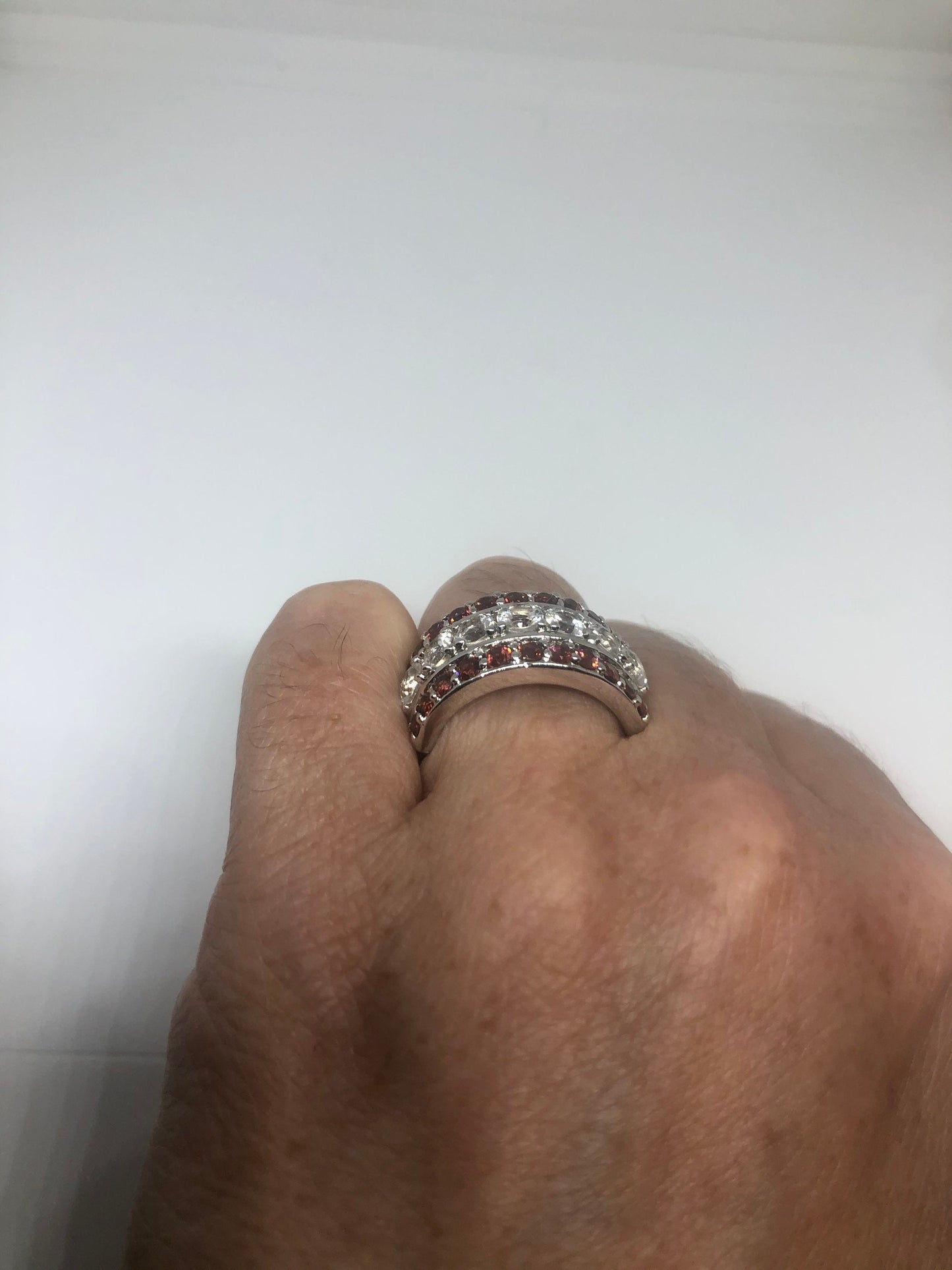 Vintage Red Bohemian Garnet Ring White Sapphire 925 Sterling Silver Cocktail Statement