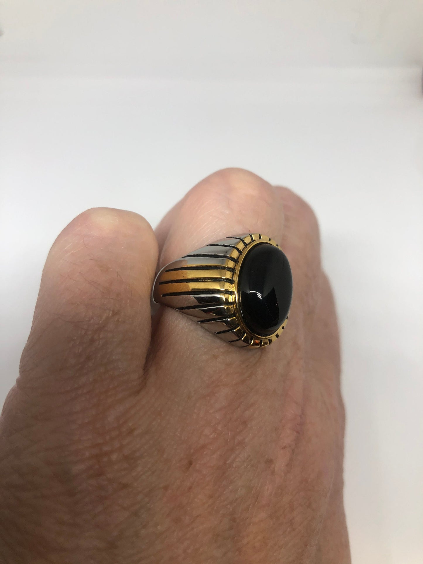 Vintage Gothic Black Onyx Gold Accent Stainless Steel Mens Ring