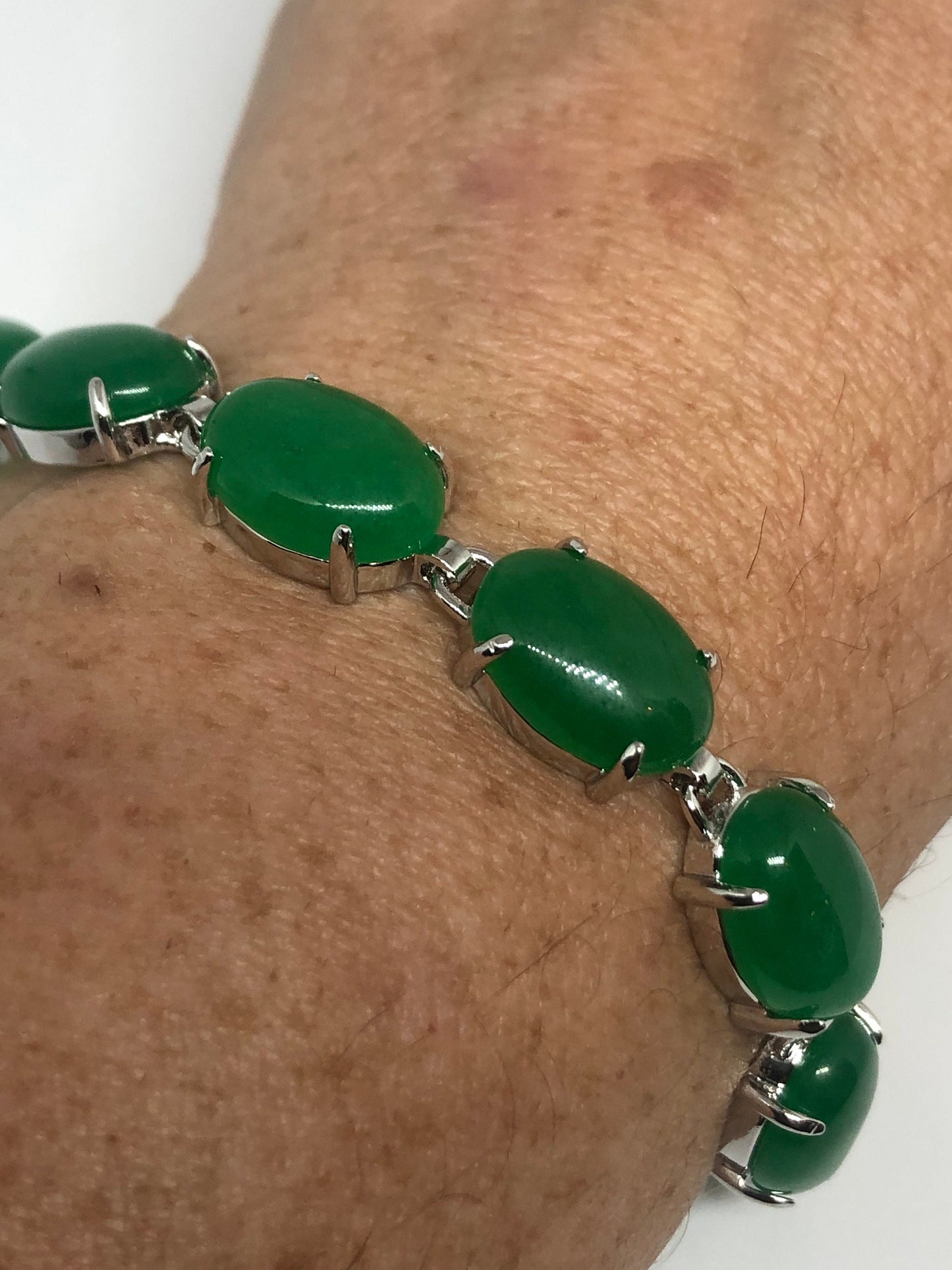 Vintage Green Jade Bracelet Silver White Bronze