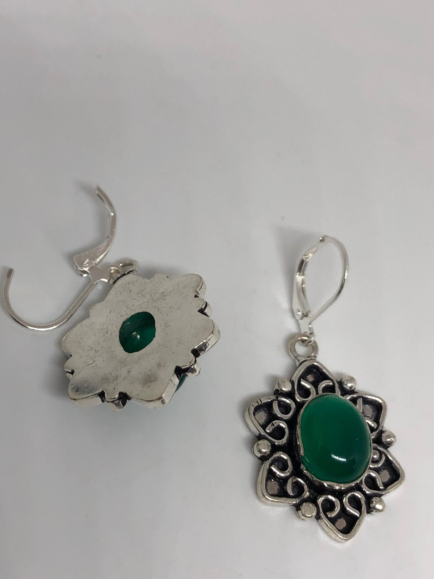 Antique Vintage Green Chrysoprase Silver Dangle Earrings