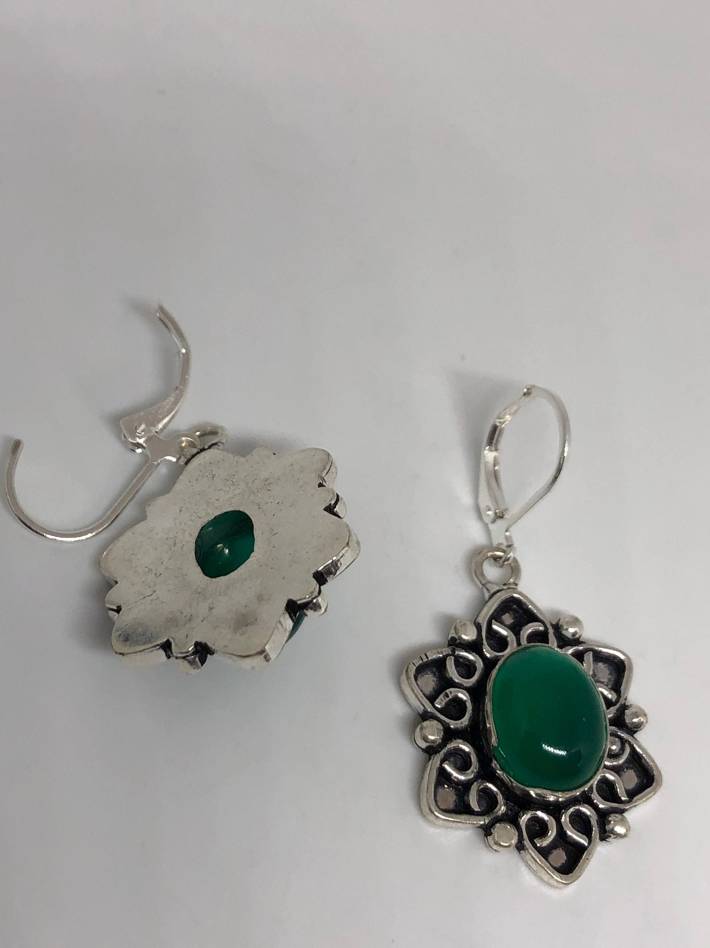 Antique Vintage Green Chrysoprase Silver Dangle Earrings