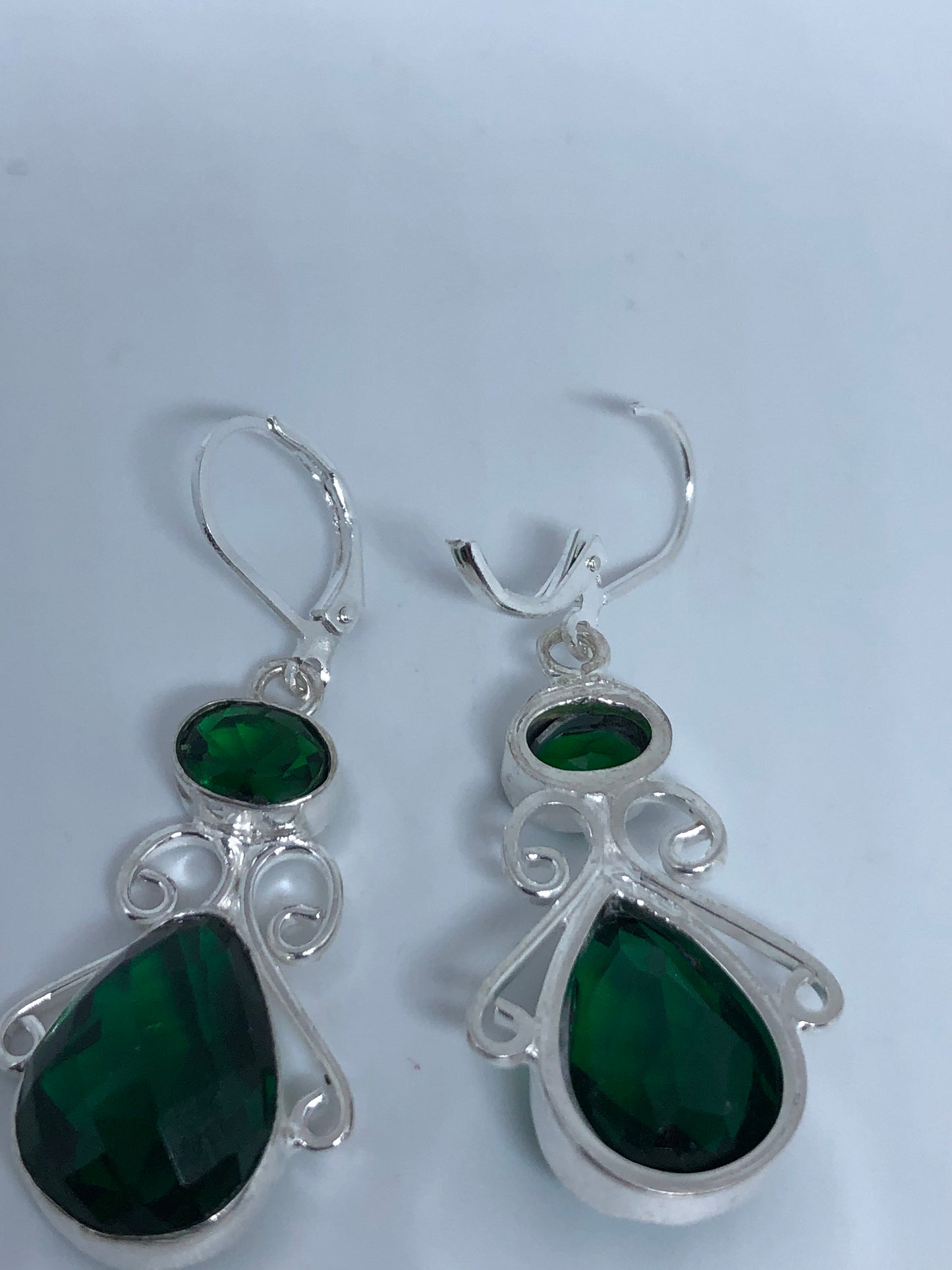 Antique Vintage Green Volcanic Glass Silver Dangle Earrings