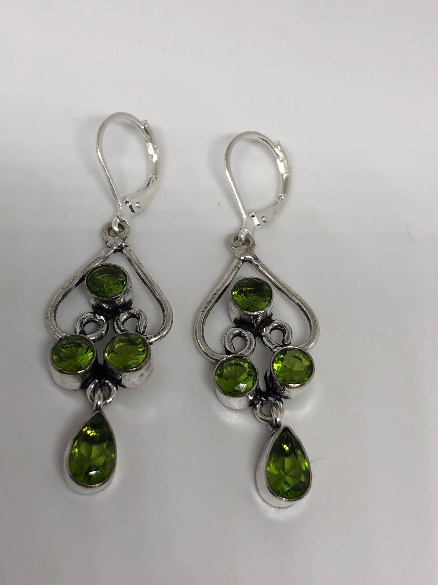 Antique Vintage Green Peridot Silver Dangle Earrings