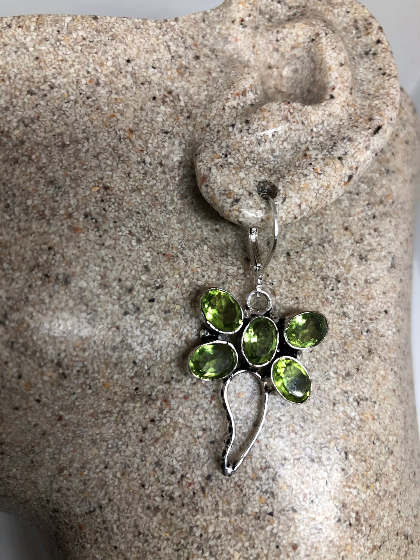 Antique Vintage Green Peridot Dragonfly Silver Dangle Earrings