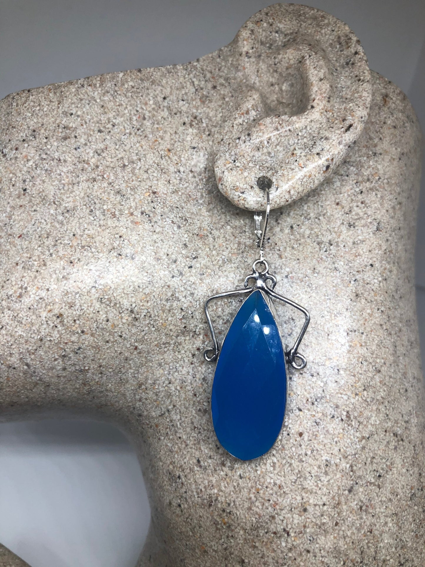 Vintage Blue Chalcedony Gemstone Sterling Silver Lever Back Chandelier Earrings