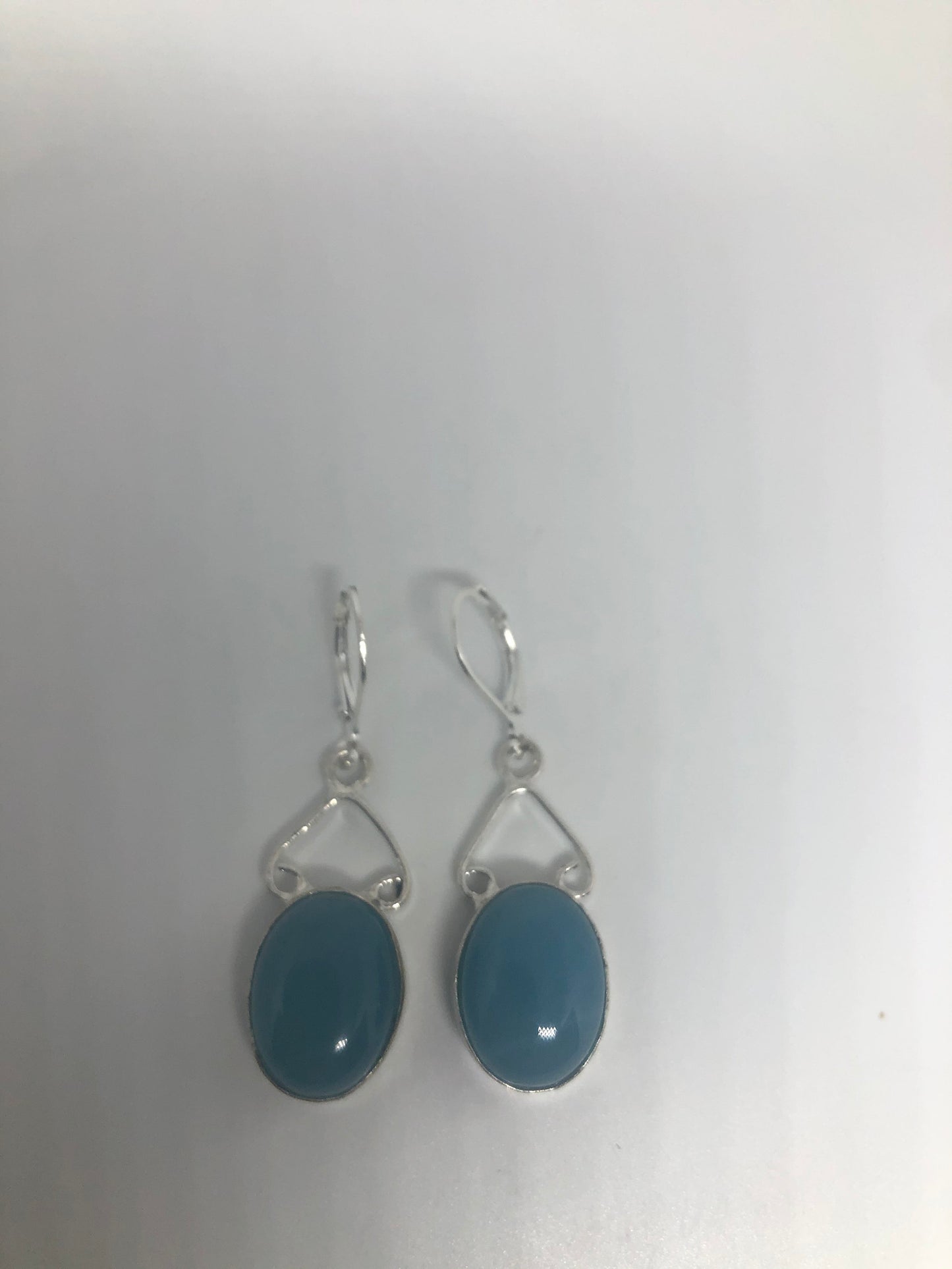Vintage Blue Chalcedony Gemstone Sterling Silver Lever Back Chandelier Earrings