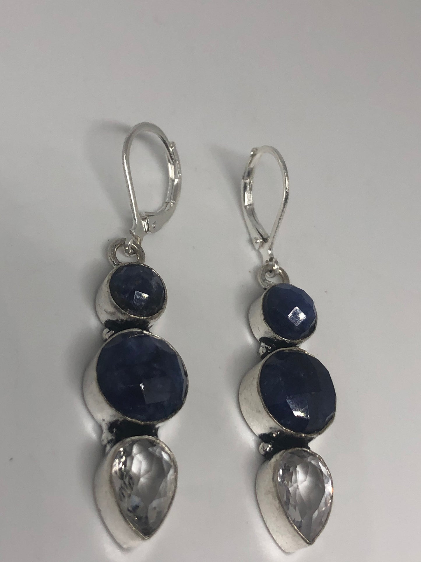 Vintage Blue Raw Sapphire Sterling Silver Lever Back Chandelier Earrings