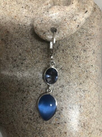Vintage Sterling Silver Blue Iolite and lab Cats Eye Earrings