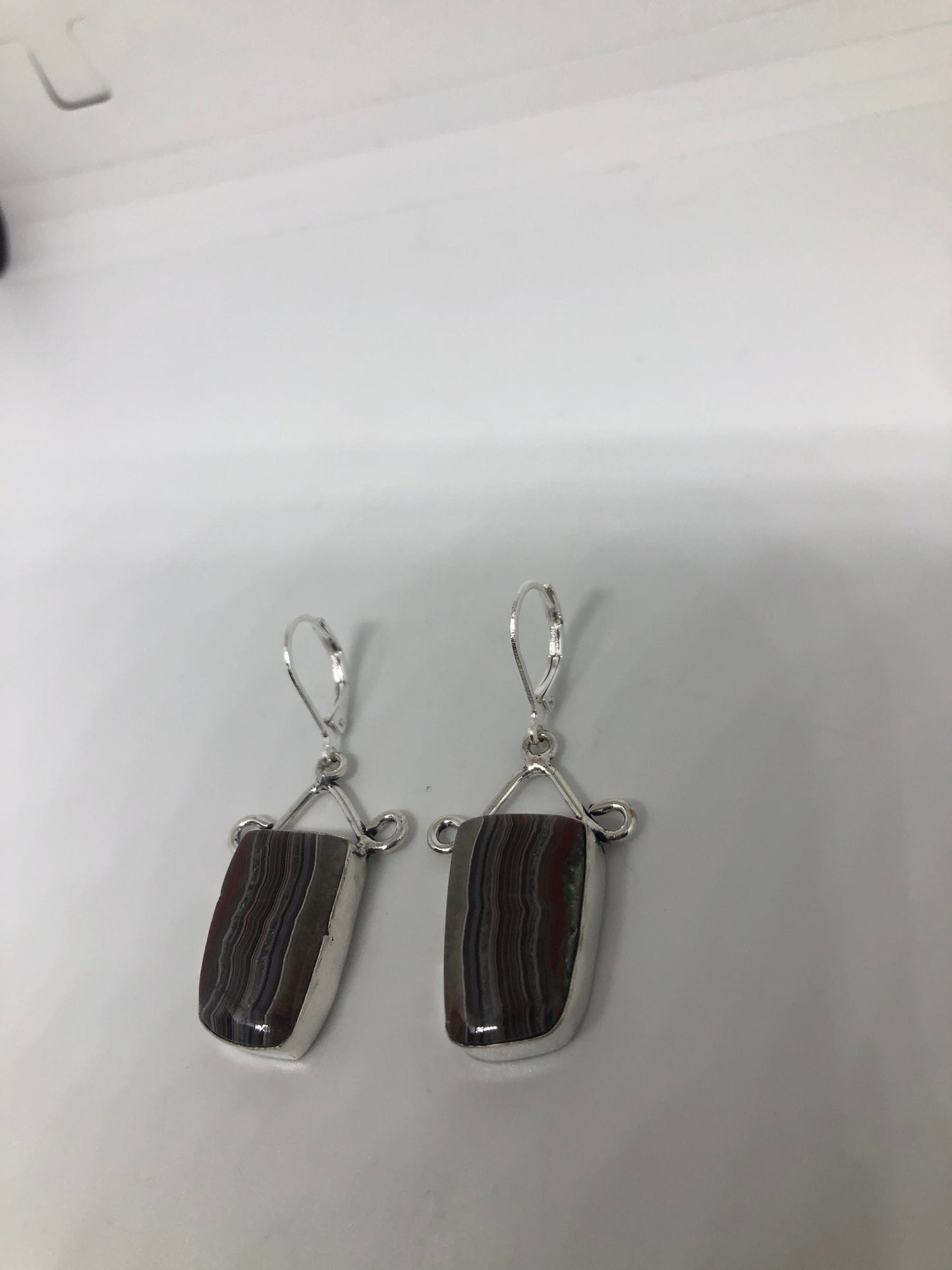 Antique Vintage Black Agate Striped Onyx Silver Dangle Earrings
