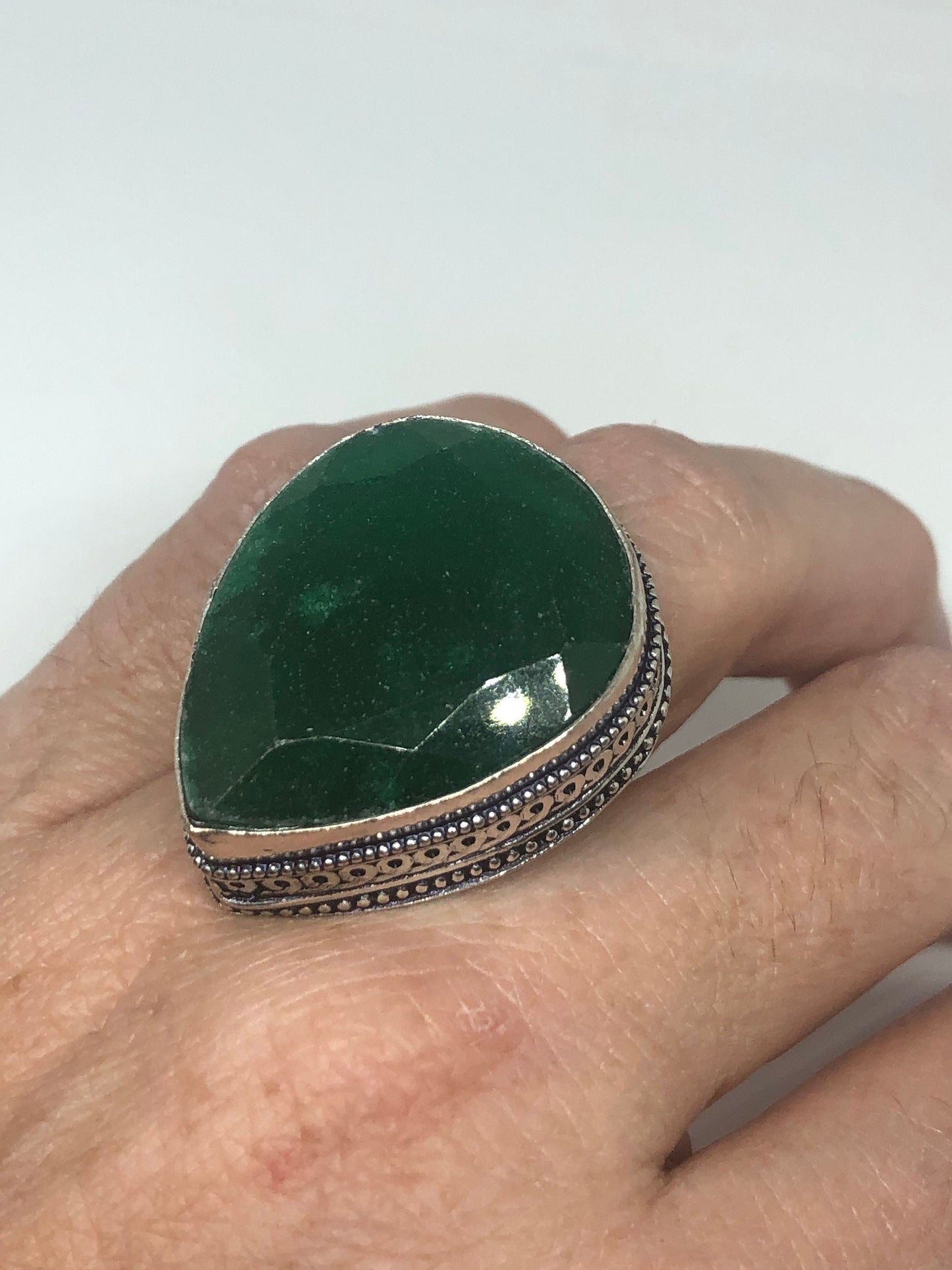 Vintage Green Raw Emerald Silver Bronze Statement Boho Ring Size 7