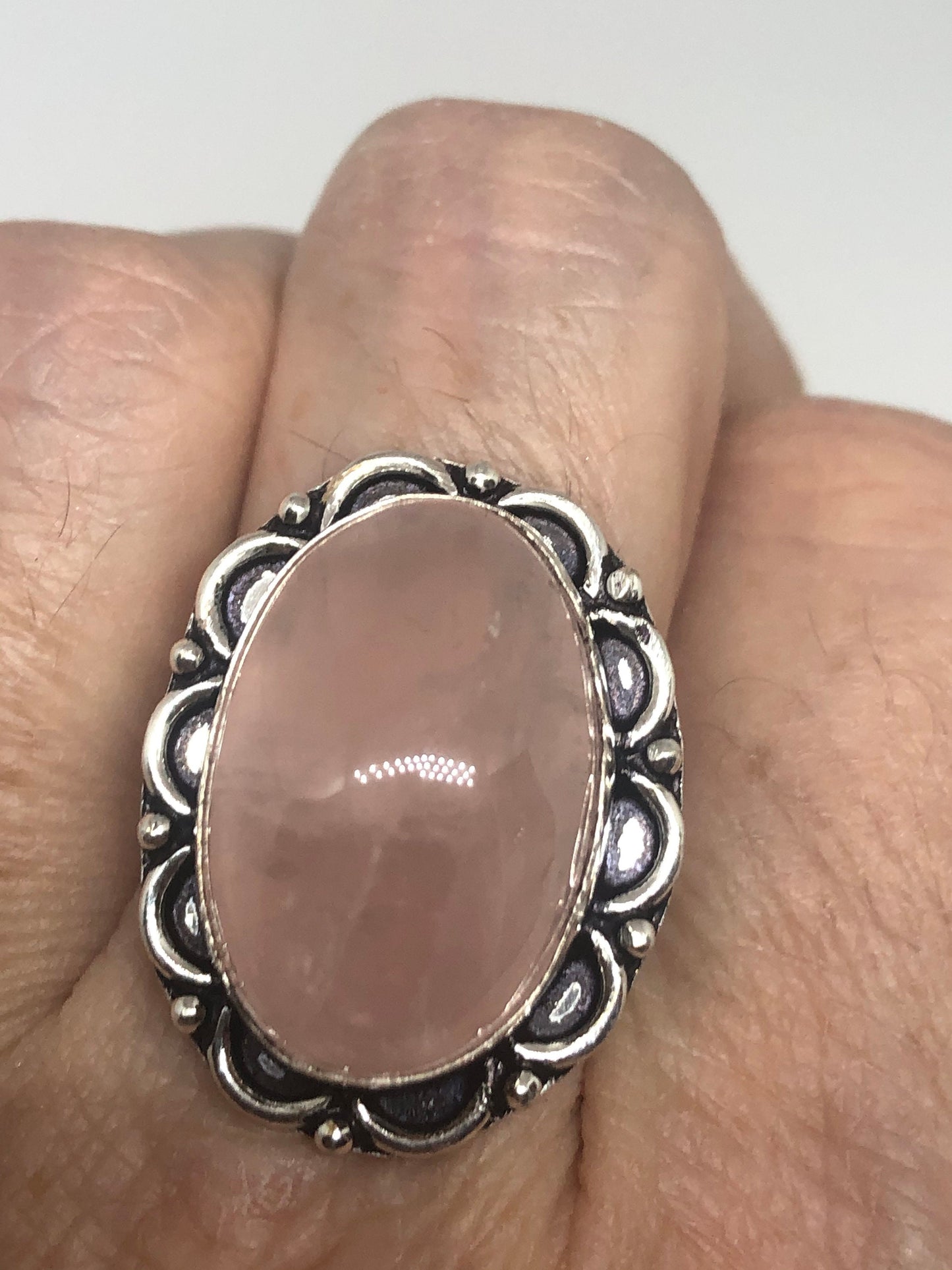 Vintage Pink Rose Quartz Silver Ring Size 8.5