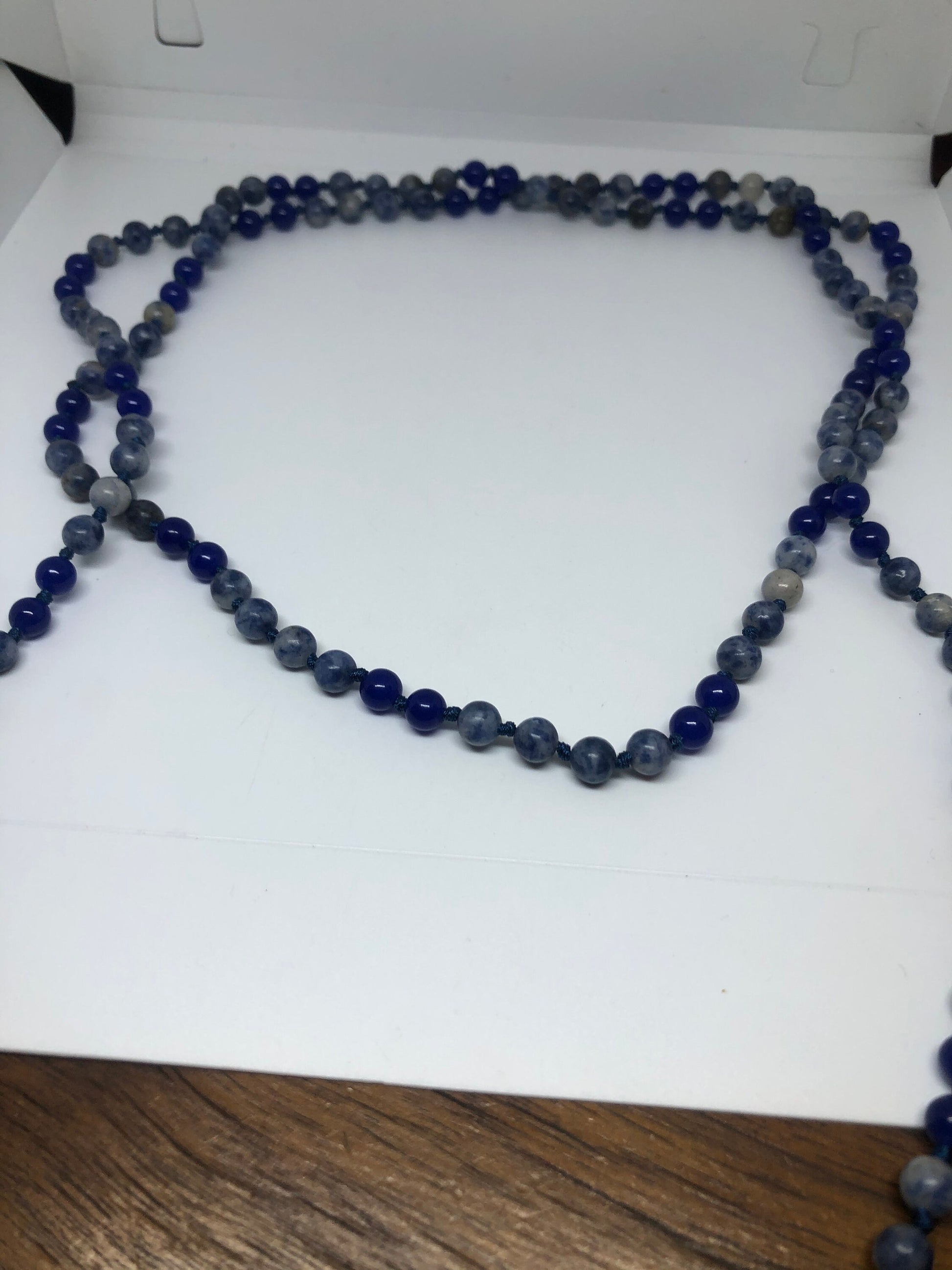 60 Inch Hand Knoted Vintage Blue Dyed Onyx beaded Necklace