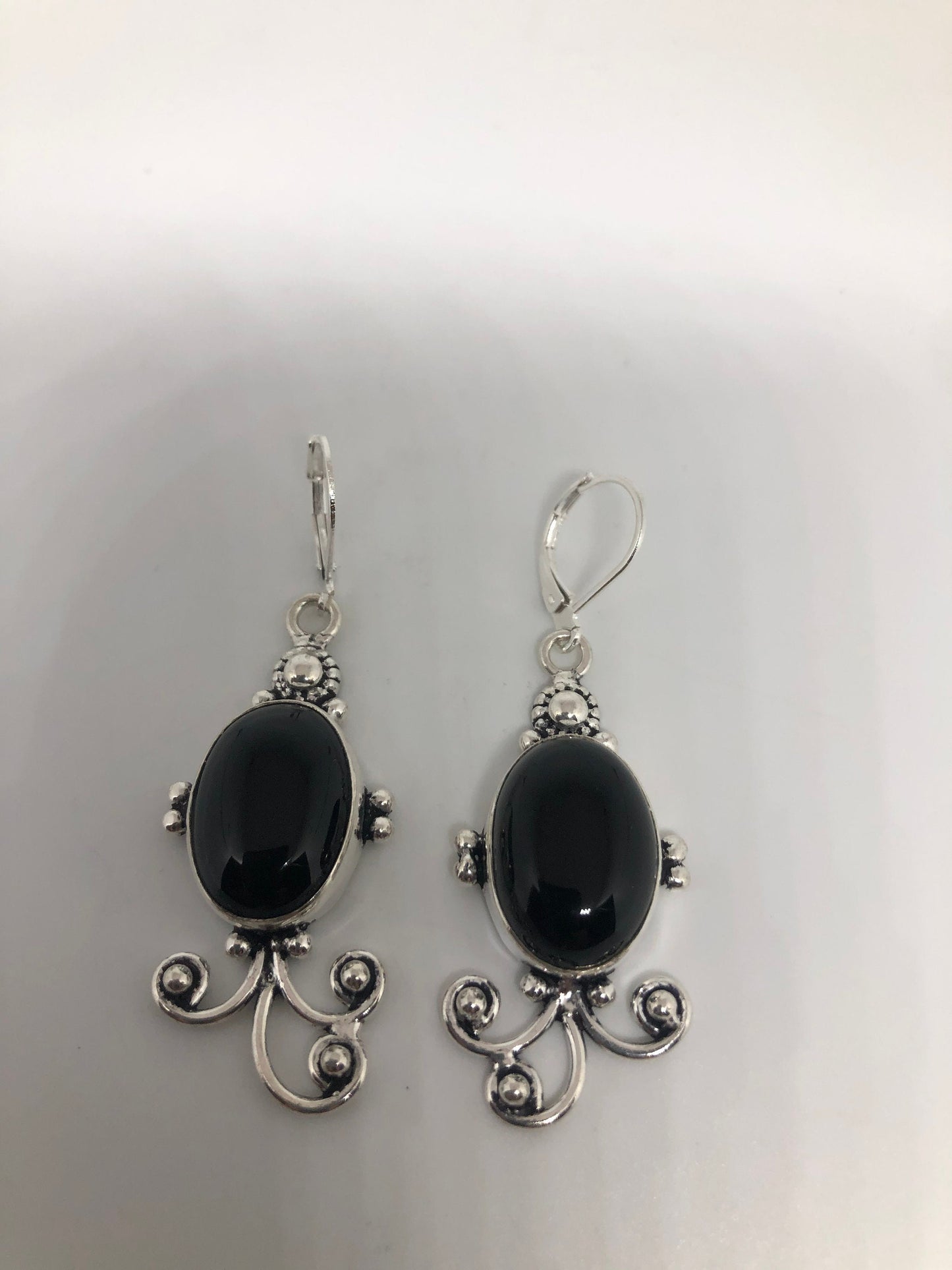 Vintage Genuine Black Onyx 925 Sterling Silver Deco Dangle Earrings