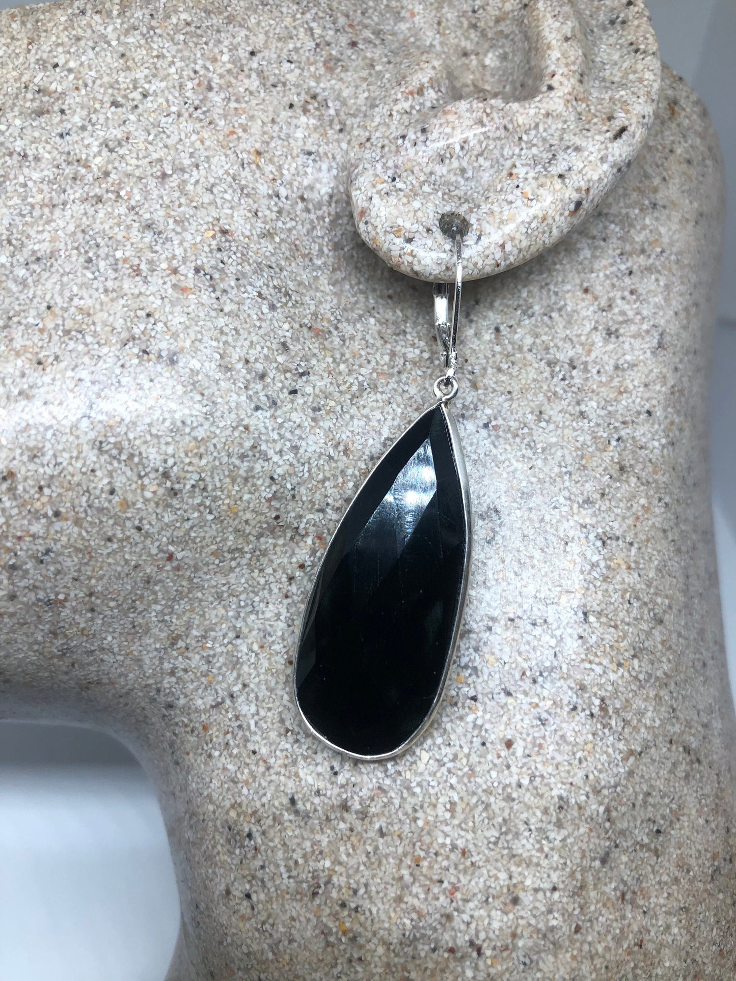 Vintage Genuine Black Onyx 925 Sterling Silver Deco Dangle Earrings