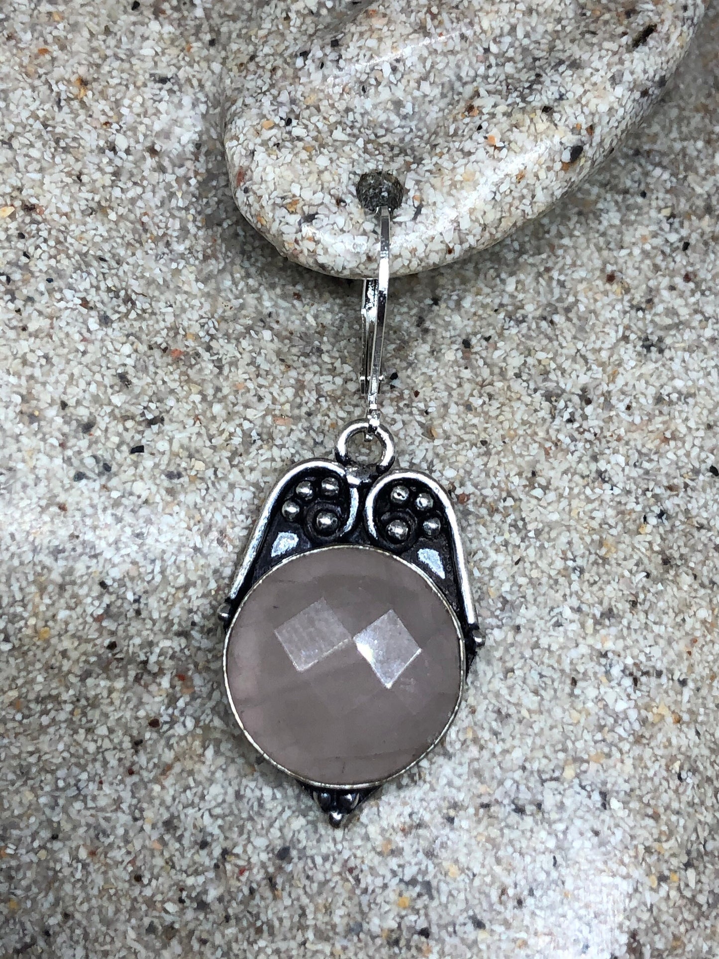 Vintage Rose Quartz Sterling Silver Lever Back Dangle Earrings