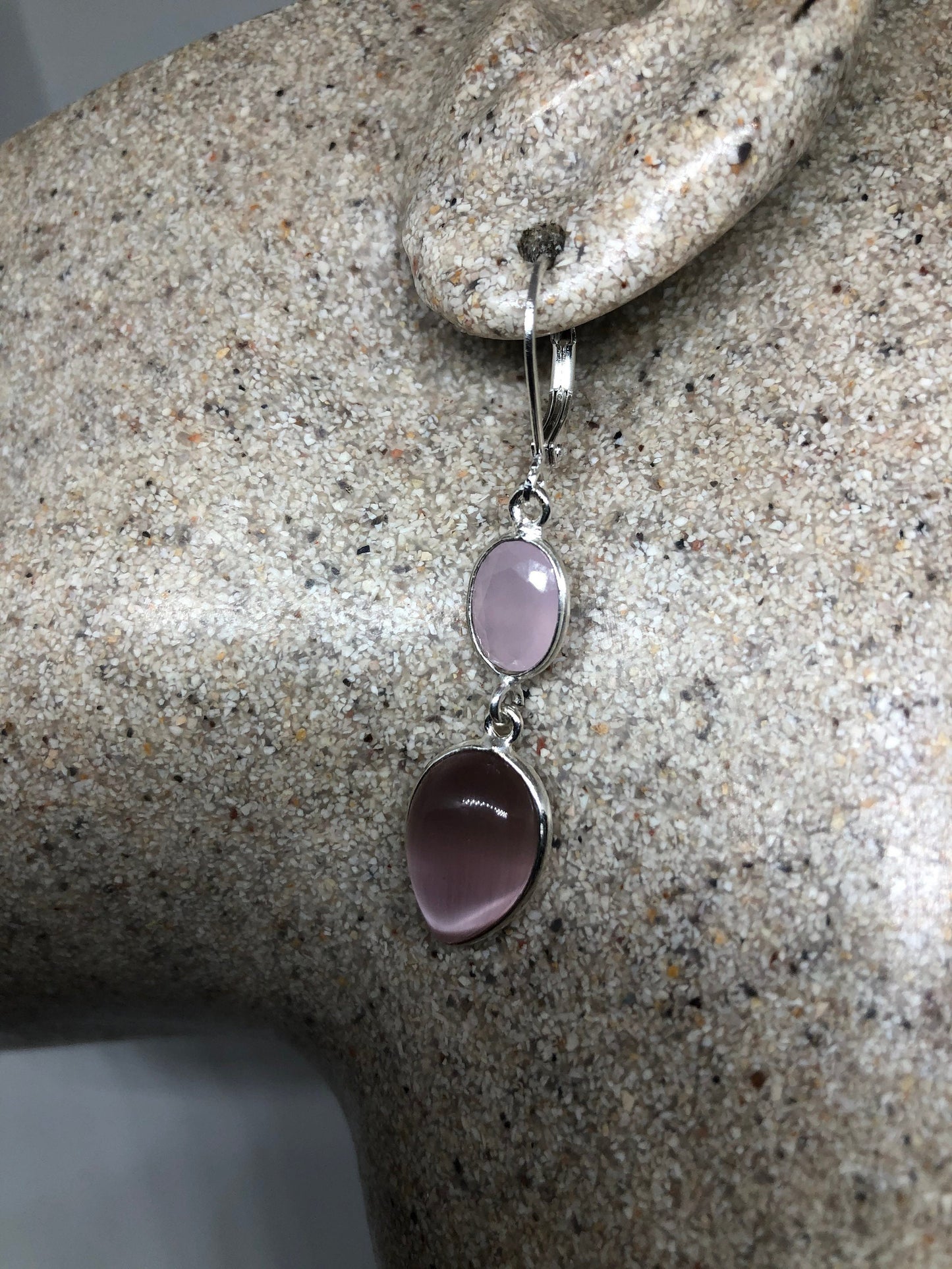 Vintage Rose Quartz Pink lab Cats Eye Sterling Silver Lever Back Dangle Earrings